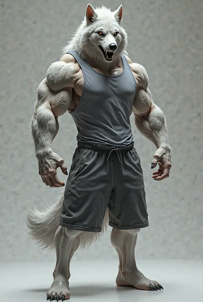 Anthropomorphic gray wolf, light gray chest, black shorts, posing showing an arm, lots of muscle, gray coat color, sexy pose