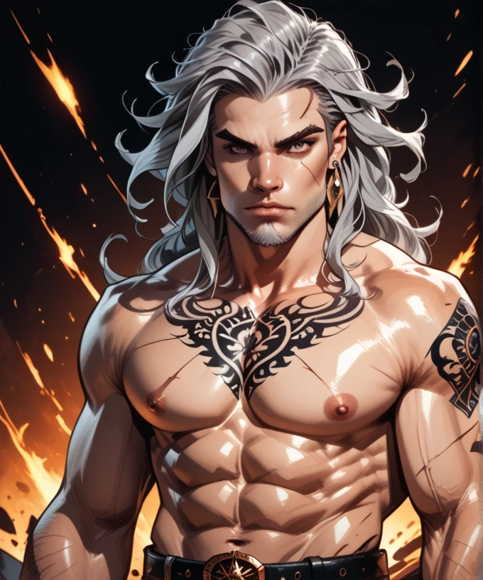 8k, sophisticated, elegant, highly detailed, majestic, digital photography, surreal painting, magic, magic, fairy tale, (Masterpiece, side light), hdr, (Bright blue eyes), Naked upper body, (shiny tattoo), Handsome adult man, long beautiful straight platinum hair below the shoulders, a long neck. athletic body, beautiful proportioned male figure, tanned skin, Handsome, in front of the camera - just a masterpiece. realistic. a full-length image. Long hair below the shoulders. grey clothes. He holds a large silver sword in his hands. a well-proportioned male body.