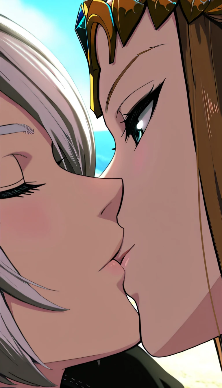 (best quality:1.2), 2milf, 2girl, (natural makeup, big tits, seductive, motherhood, sexy, (mature woman, milf: 1.1), solo, (curve: 1.1), milf, blonde hair, close up, ultra detail, hdr, shot from above, detail face, detail bedroom, upper body, very detailed face, closeup face, down blouse, on party, party dress, ino yamanaka, two girls, kiss, blonde hair, face-to-face, close up,