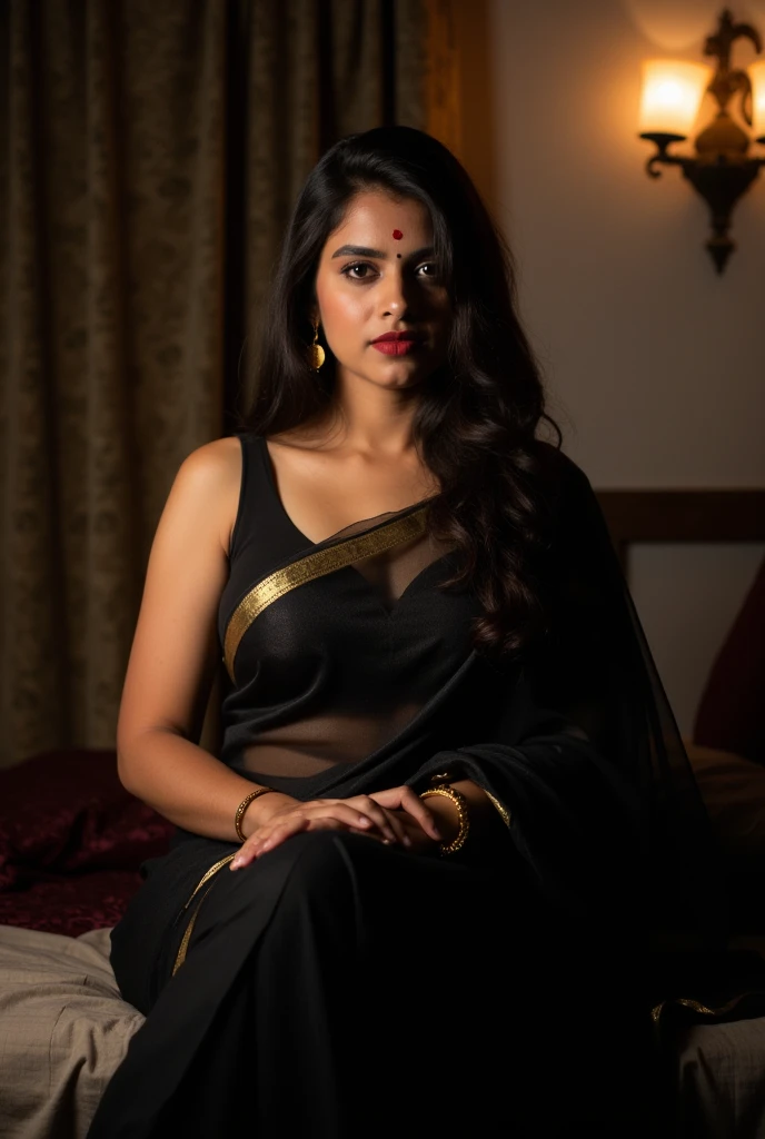 A Solo Mature Hot Indian Bhabhi Women wearing Black  Sarees ,Black Lipstick . Huge and Big .