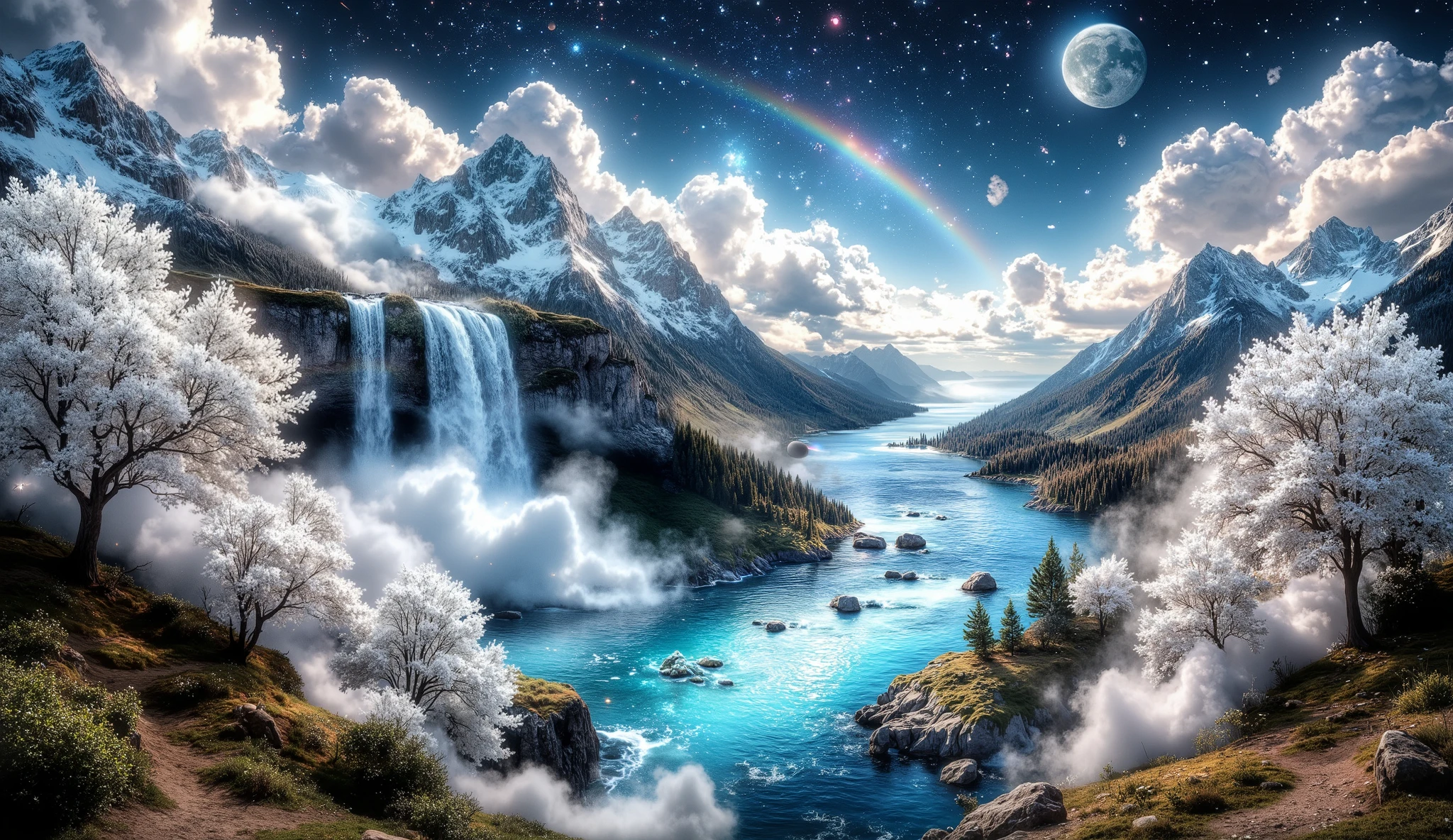 masterpiece, a large waterfall, a large ocean, a large forest of white flowers, a large number of clouds everywhere, a planet in the sky and stars, a large waterfall magica muy detalladas, a rainbow , beautiful emerald flower forest stunning color, A Rainbow , clouds all over the landscape, a beautiful planet , wallpaper, 4k, HD, detailed, 8K, Background