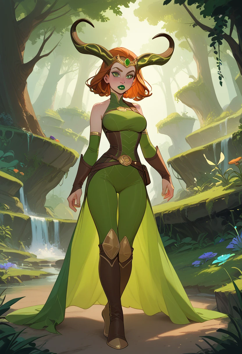 a mysterious forest queen with vibrant red hair, piercing green eyes, sitting on a throne made of plants, wearing a green tight outfit with high boots and leggings, (best quality,4k,8k,highres,masterpiece:1.2),ultra-detailed,(realistic,photorealistic,photo-realistic:1.37),digital painting,concept art,cinematic lighting,dramatic composition,intricate details,lush vegetation,enchanted forest,dominant pose,regal bearing