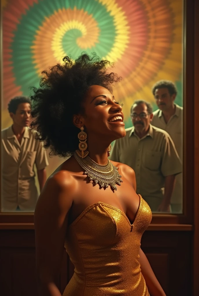 Roxanne Hancock, her name is Shaniqua, high quality, 1 old woman, ((50-year-old pear shaped body black woman)), ((50 years old)), (((pear shaped body 1.9))), ((thick thighs)), ((wrinkled body)), ((((old body)))), ((short curly hair)), (no make up), (she is wearing a colorful party dress), POSE: standing, BACKGROUND: outdoor: On the vibrant streets of New Orleans during Mardi Gras, a kaleidoscope of colors dances under the glow of flickering gas lamps."