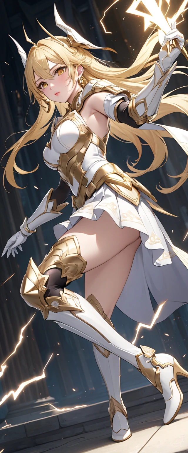 (Perfect Anatomy)、Mastepiece、Ultra High Quality、 8K、masterpiece、Highest quality、Ultra-high resolution、Maximum resolution、Very detailed、Professional Lighting、anime、woman、thin、so beautiful、Highly detailed eye、Highly detailed face、Golden earrings、Blonde, hair bun, Yellow Eyes、Mid-chest,Valkyrie armor, white open mini skirt , full body, gold pattern, white super long boots, white long gloves, female martial artist, high heels, white clawed gauntlets, white cute headgear, fighting stance, gold knee armor, Summoning thunder, Spinning kick, confident pose, wings grow from legs, Kickboxing, dynamic angle, dynamic pose, action painting, gestural marks, dynamic brushwork, expressive motion, spontaneous technique, abstract expressionism, energetic compositions