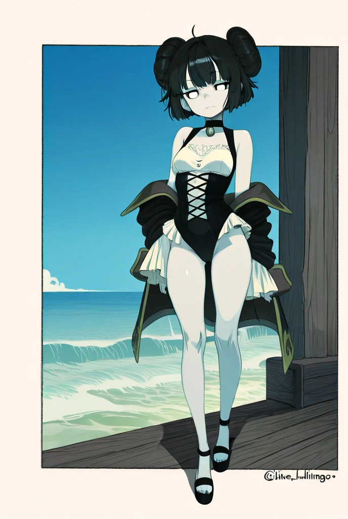 My sister has short black hair, red eyes, and is wearing a black bikini. She has large breasts, a long black skirt, and long black gloves. She is smiling, sticking her tongue out, and standing on a beach. She is cute, beautiful, and a milf. Focus on her face and bare feet.
