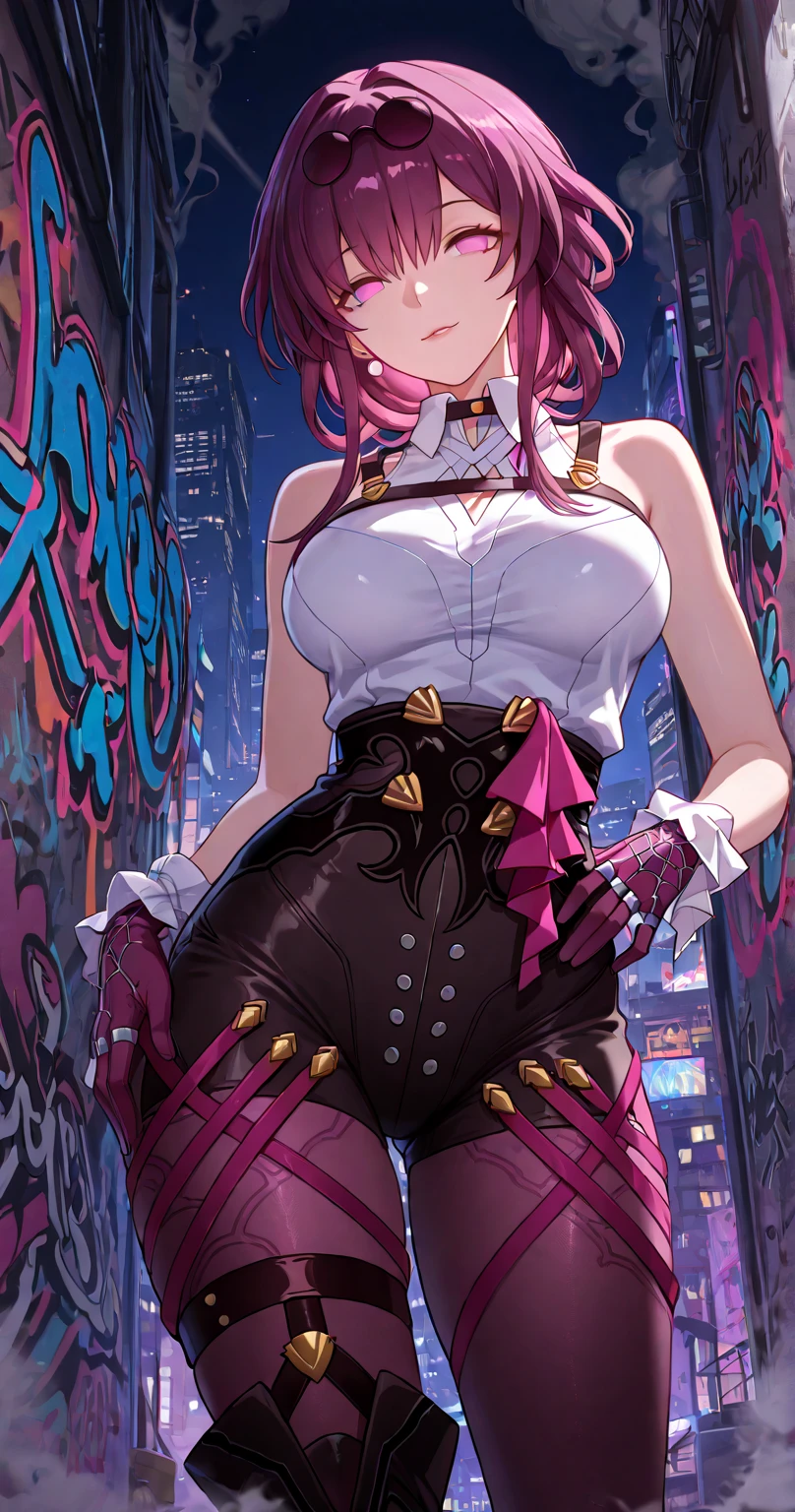 masterpiece, best quality, 1girl, KafkaV4, large breasts, shiny skin, purple hair, shirt, white shirt, jacket, eyewear on head, sunglasses, very long hair, standing, outdoors, night, light city, professional lighting, ((arms behind back)), lace-trimmed legwear, midriff, mature female, closed mouth, smile, looking at viewer,