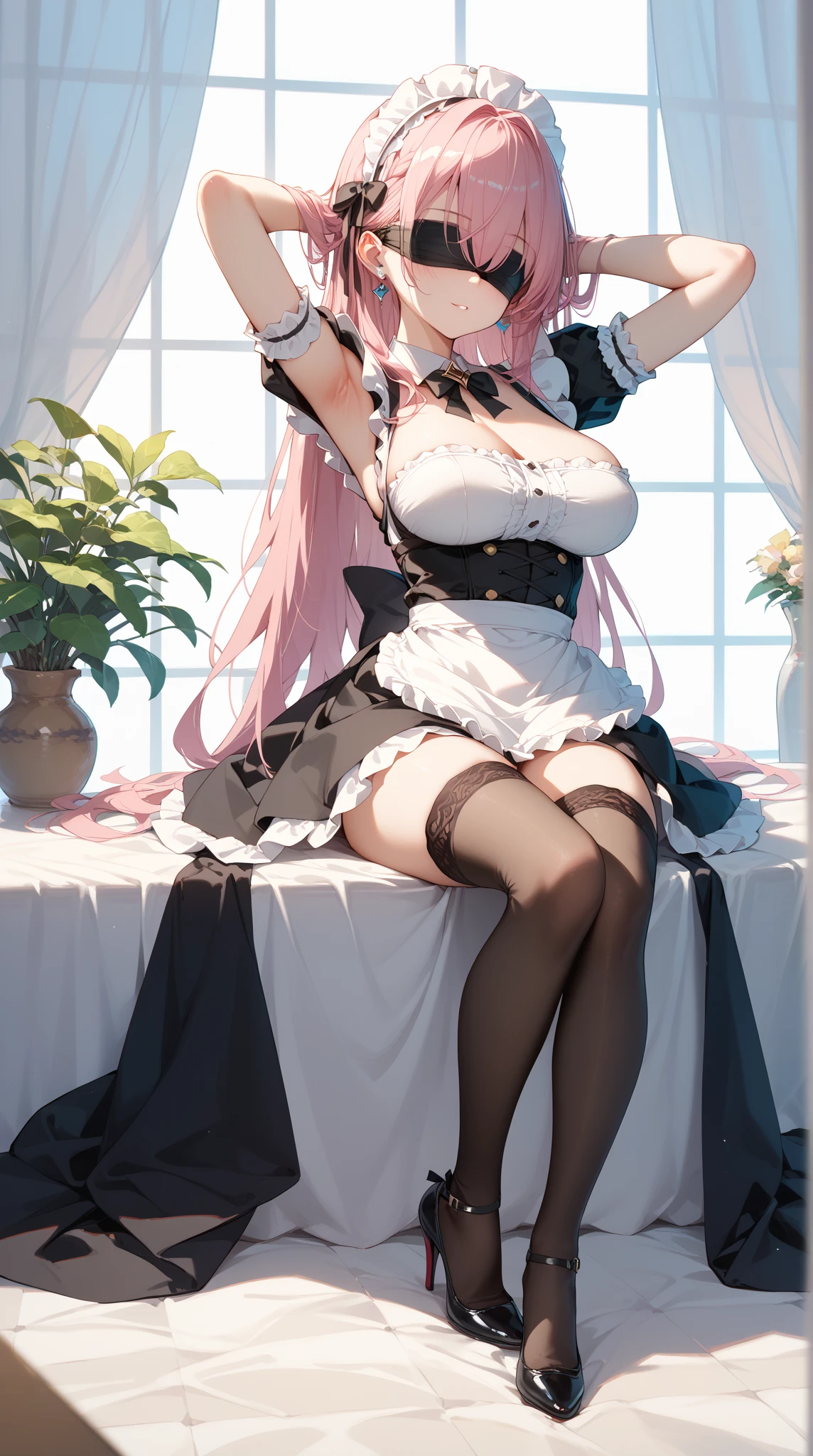 (masterpiece), best quality, perfect face, 1girl, mature woman, leaning forward, long grey hair, large breasts, hanging breasts, cleavage, narrow waist, ta, ultra short skirt, choker, pink shirt, pink skirt, full body, white high heels, garters, lace stockings,long and slender legs, beautiful legs,erotic