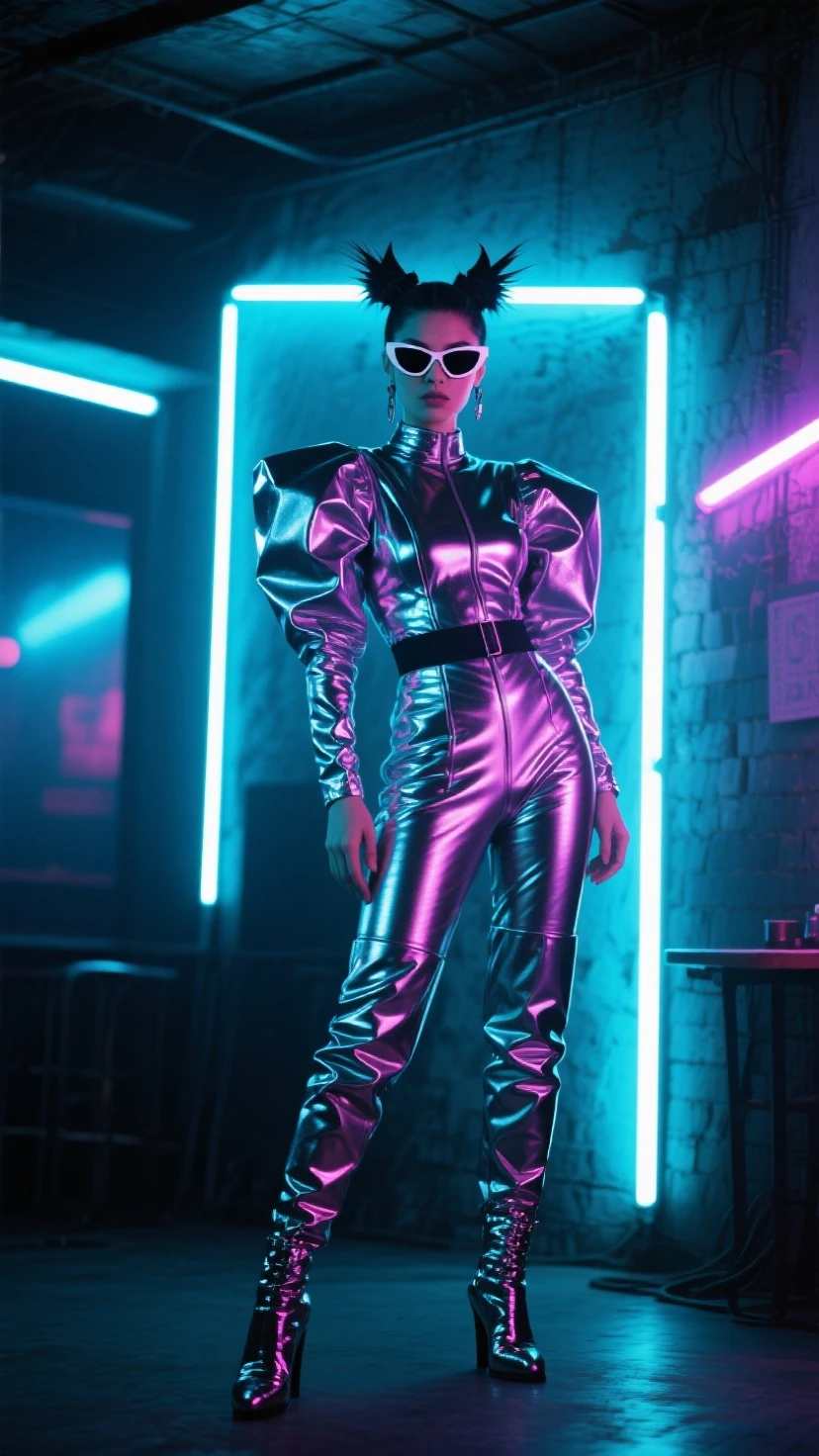 It creates a realistic futuristic image set in 2050, of a fashion catwalk in the city of Paris with female models with the new trends in makeup, hairstyles and clothing. Models walk the runway in edgy makeup, bold hairstyles, and innovative clothing. Dresses flow with asymmetrical lines, colors are metallic and holographic, and accessories include smart glasses and tech jewelry. The environment is illuminated by neon lights and holographic projections