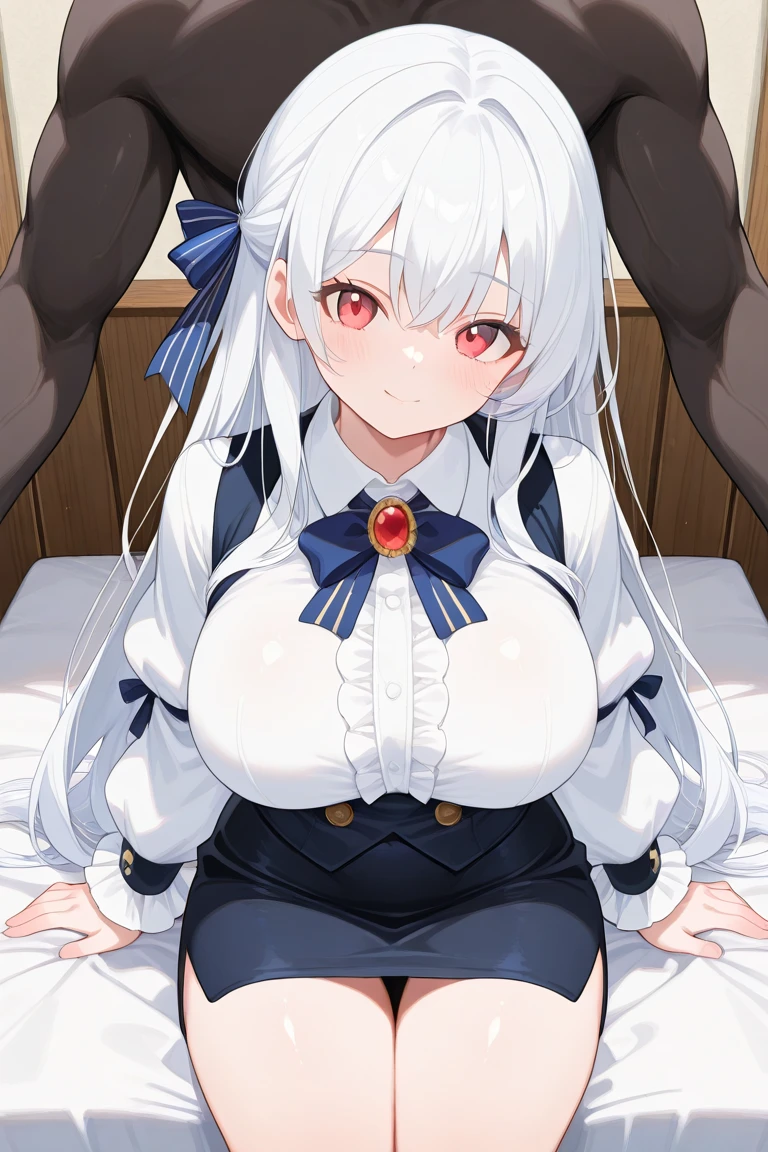 score_9, score_8_superior, score_7_superior, sauce_anime, evaluation_Safety, hakase fuyuki, One girl, Virtual YouTuber, Red eyes, Gray Hair, Long hair short hair, Low twin tails, Side Lock, Hair Clip, Neck ribbon, Red ribbon, Black sweater, Collared shirt, Open jacket, White jacket, flower, Tea belt, Long sleeve, Sleeves are longer than the wrist, White gloves, Pleated skirt, Black Skirt, Black Pantyhose, Lying in bed,Dutch Angle, Particles of light, light, Research Room, window, window shade,masterpiece, Highest quality, High resolution,Titty fuck,Hakase Fuyuki,Virtual YouTuber,vtuber,nsfw,bare breasts,penis,paizuri,breast squeeze,Hakase Fuyuyuki,1boy,男がsuperiorに乗っている,Horse riding,From the head,Sleep,lies down on bed,male on top,from head side,lies down on bed,Horse ridingTitty fuck,gigantic breasts,Huge breasts,A woman is sleeping on her back,A woman is sleeping in bed,Are crying,Angry