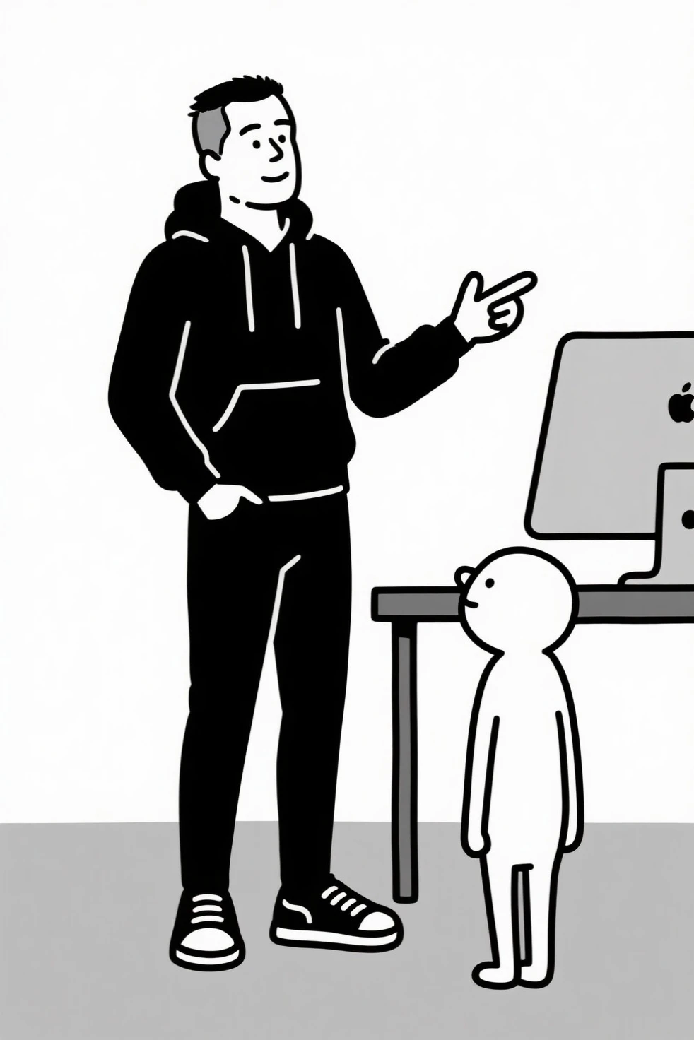 A minimalist stickman illustration in pure strip cartoon style, with bold, thick black outlines and highly exaggerated cartoon proportions. The main character is dressed in urban fashion: hoodie, fitted pants, and sneakers, symbolizing leadership and exploration. His appearance is inspired by Brad Pitt at 30 years old, with a noticeable resemblance in facial features and a clean buzzcut hairstyle, but simplified into the strip cartoon aesthetic. He is confidently and patiently explaining something to a small stickman , who is attentively watching. Both are positioned in front of a minimalist iMac computer, illustrated in a simplistic cartoon manner. The scene captures a moment of teaching and curiosity, with expressive yet clean lines maintaining the pure strip cartoon essence