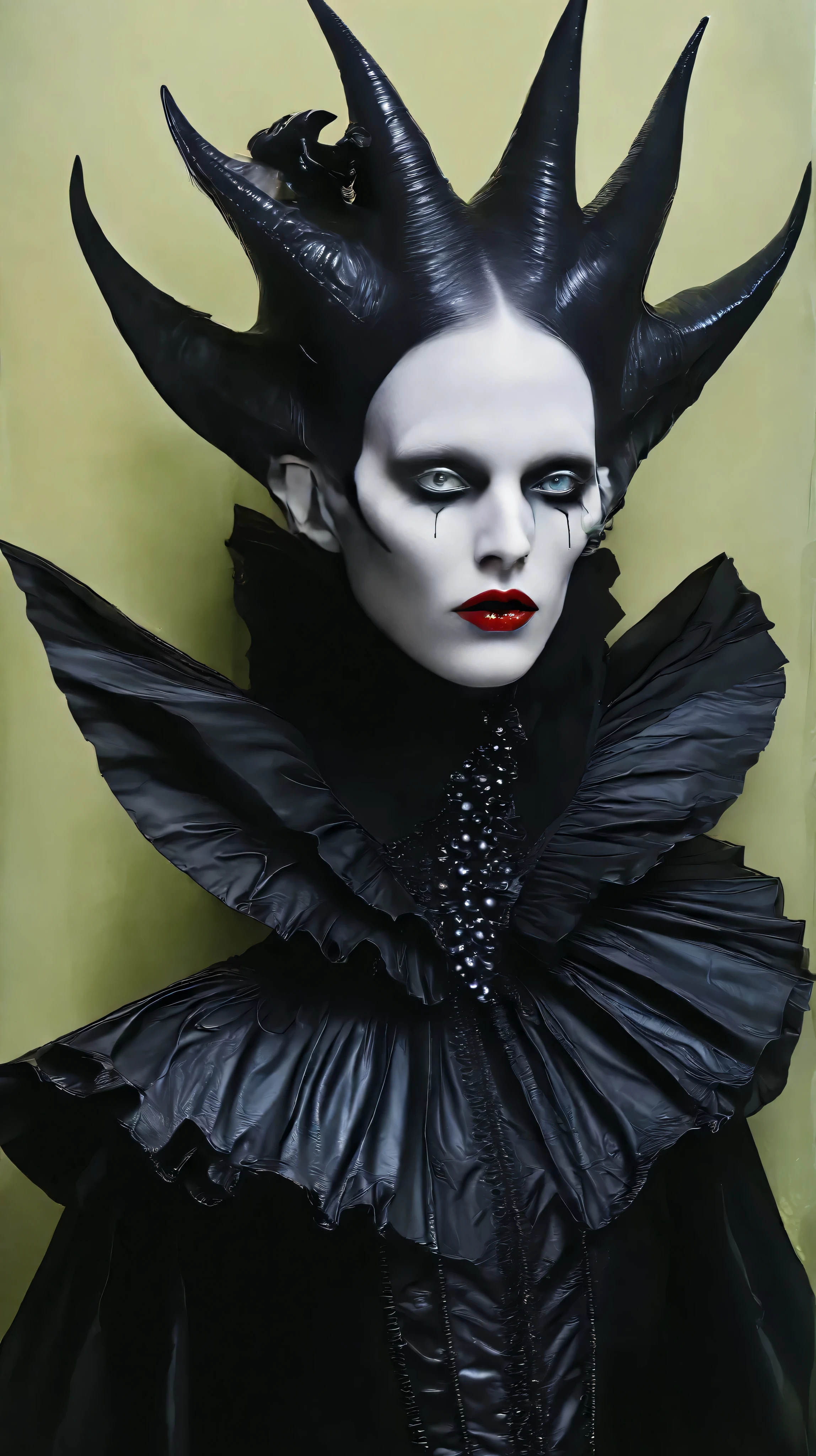 Tim Walker inspired, Fashion photography leather fetish, whimsical settings, surreal elements, creative storytelling, vibrant colors, (detailed face:1.05), hyperrealistic, Photorealistic. Gothic