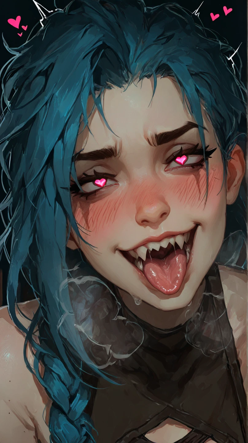 Illustration in acrylic paint, like a portrait of a girl smiling and showing all her teeth while feeding some black pigeons.