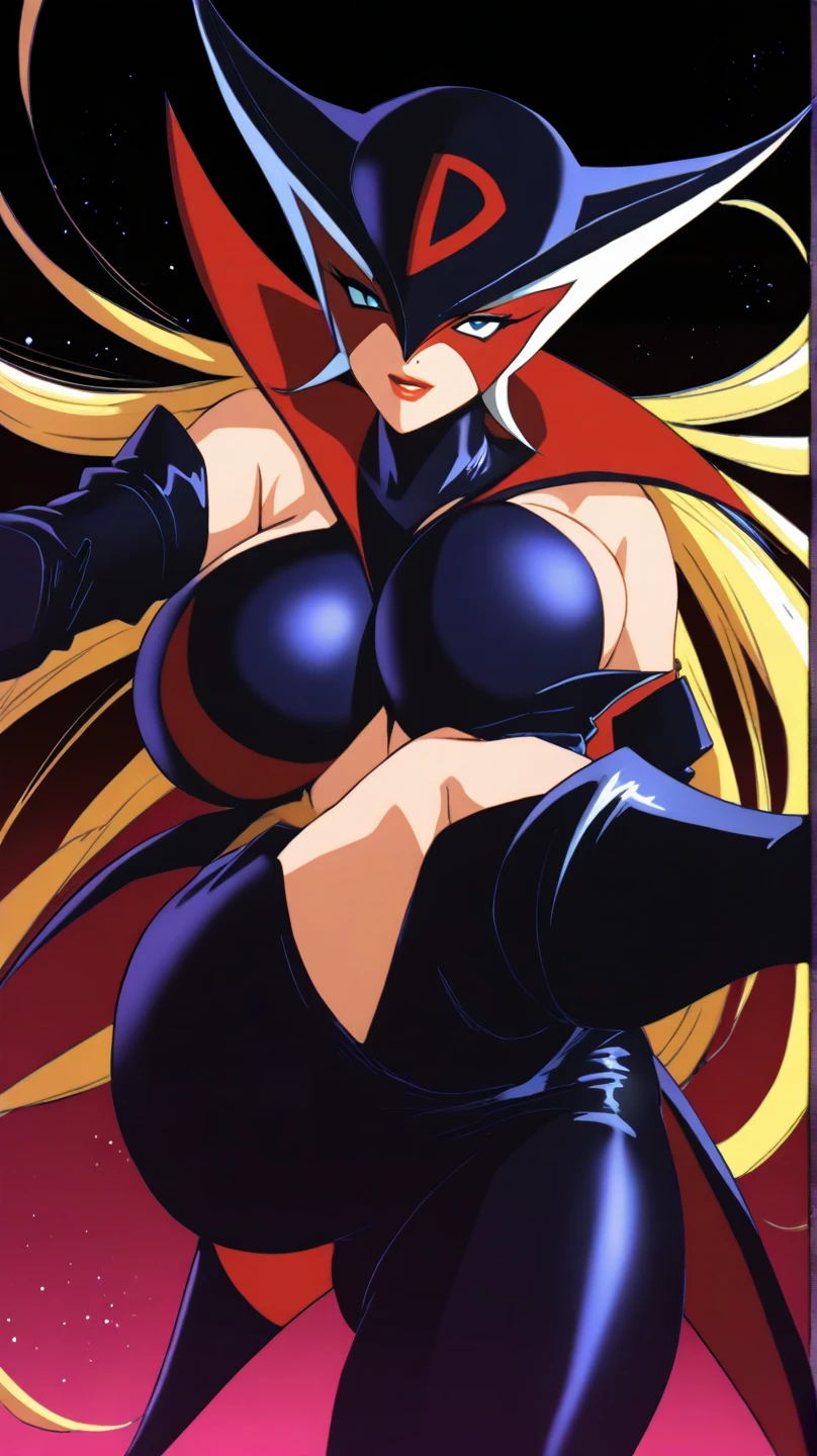 A cartoon image of a woman in a red and black outfit, red boots, black cape, Gainax anime style, dark sorceress full vision, blonde magician girl, full body sorceress pose, guilty gear art style, evil godess, glamorous Digimon Angewoman, supervillain witch sorceress, succubus in tight short dress, anime goddess, evil sorceress