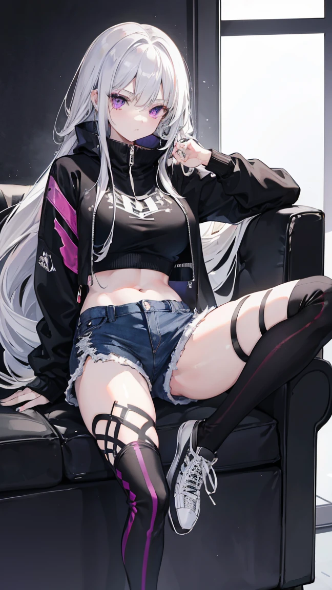 emo cutie, curvy black lips, heavy blush, long nails, cropped hoodie, lingerie miniskirt, thigh highs
