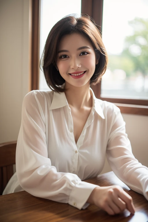 ((Highest quality)), ((masterpiece)), (Familiar), Perfect Face, masterpiece、Highest quality、High resolution、wallpaper、Realistic、Bright lighting、Professional Lighting、Face Light、Smooth lighting、Japanese women、20th Gen Midplate、so beautiful、Beautiful Skin、Beautiful and detailed、Familiar顔、slim、moderately、short hair、Brunette Hair、Brown eyes、Looking at the camera、Cafe sofa、 Commercial Photography, Beautiful Instagram influencers, The best smile,Daytime、Cotton shirt、Cleavage cutout