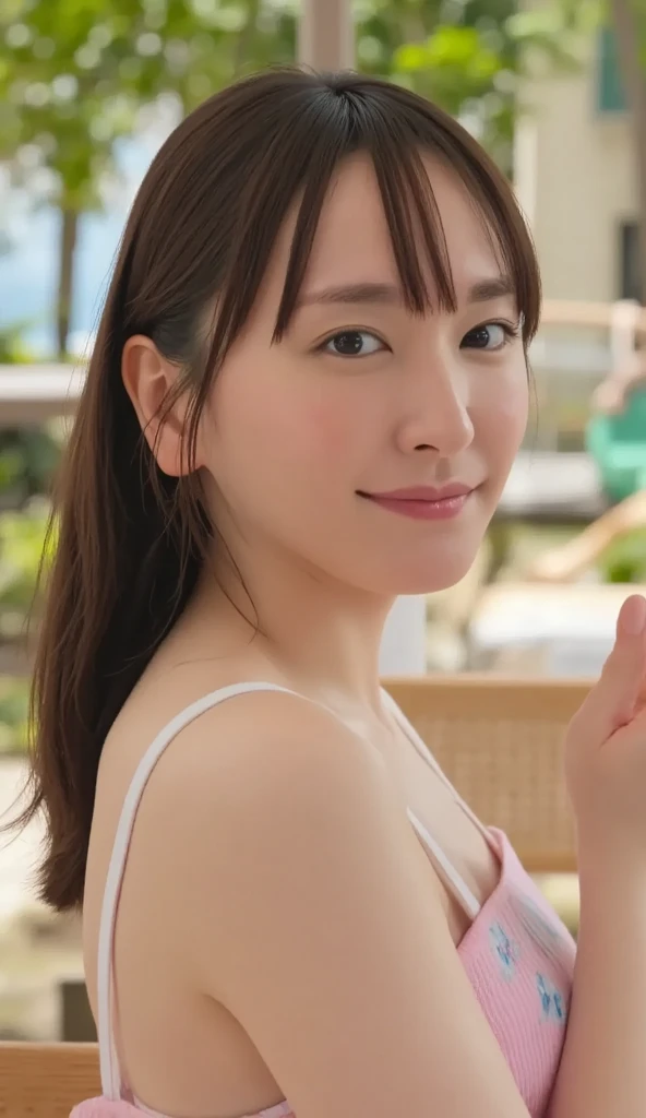 (((smile、Focus on the eyes:1.1、Extremely detailed:1.22、Ultra-high resolution、masterpiece:1.45、Highest quality)))、((((Whole body expression:1.68、camisole、Leaning forward、One person))))、long, straight black hair、So that every single hair is clearly visible、The subtle color changes of hair depending on how the light hits it、 Skin has a natural glow、Fine skin texture、Representing the fine details of pores:1.25、Details of the light redness on the forehead and cheeks、(((Eyes with fine iris details、The eyes depict color gradations and patterns.、Long, natural-looking eyelashes, each and every one visible、Well-groomed eyebrows、眉毛のindivual々The hair is clearly visible、Light reflecting off into the eye、The light in the eyes creates small highlights)))、The nose is delicate、Fine detail on the nostrils、Lips are plump and naturally pink、Depicts the fine lines and soft curves of the lips、lips are shiny and、The gloss on your lips accentuates their shape.、(((Detailed depiction of lip texture、Particular attention to the depiction of light and shadow、Soft natural light gently illuminates the face from the front、A faint glow on the forehead、A slight shine on the nose、A slight glow on the cheeks、Shadows are cast softly along the contours of the face、Accentuate the sides of your cheekbones、Accentuate the sides of the jawline、Emphasize the sides of the nose、The gloss on her lips reflects the light faintly、Lips emphasize the plump texture、The shadow of the hair gives depth and dimension、indivual々The hair shines in the light、