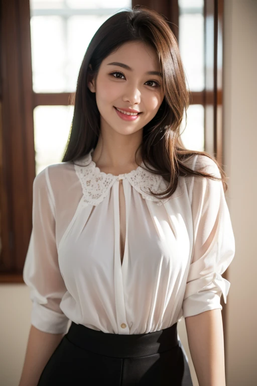 Highest quality, Ultra-high resolution, (Realistic:1.4),White blouse、Medium breast、valley、A beautiful woman with a clear complexion、cute、smile、White curtain in the background、Asahi
