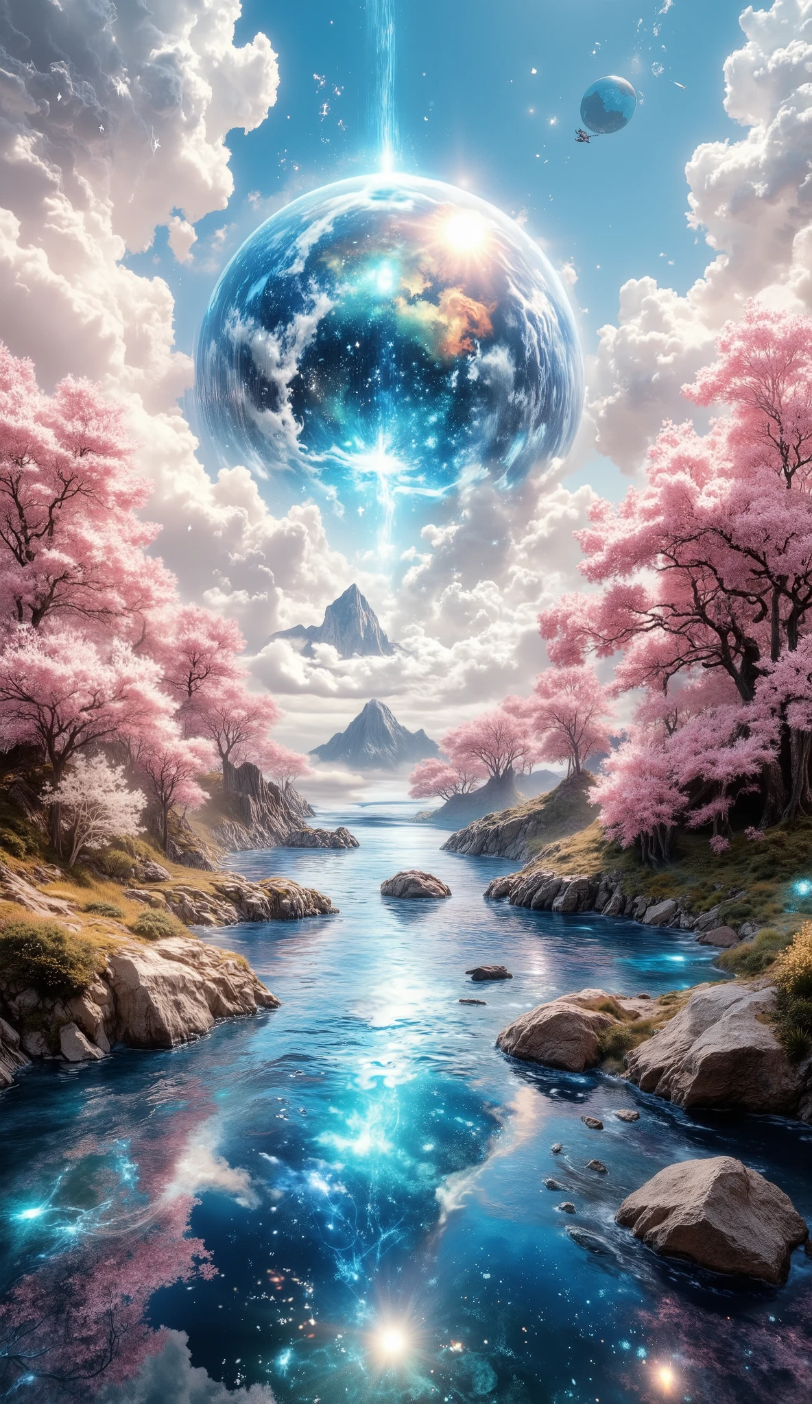 masterpiece, a very beautiful dimensional portal, A large ocean, a large cherry blossom forest, many clouds everywhere, a planet in the sky and stars, un portal dimensional muy detailed, beautiful cherry blossom forest of stunning color, clouds all over the landscape, a beautiful planet , wallpaper, 4k, high definition, detailed, 8K, bottom