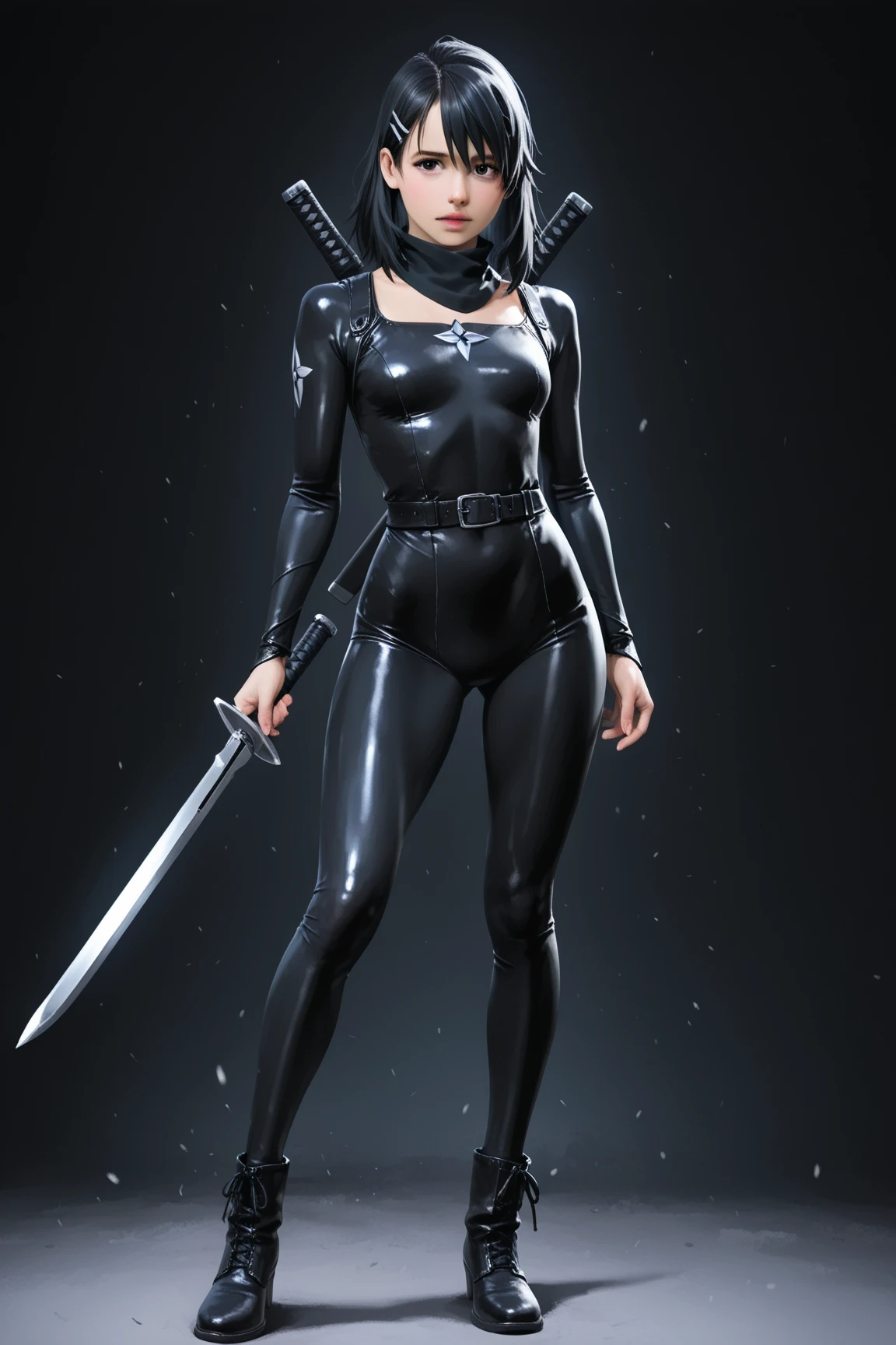 solo, super fine photo, full body picture Unreal Engine 5 8K UHD of a girl in a skin tight futuristic black latex Evangelion plug suit, slick black catsuit, black iconic character, smooth black skin, black body, PVC, glossy latex suit, rubber suit, rubber belts, collar, rubber glove, high boots, arm and leg cuffs, straps, best quality, masterpiece, official art, unified 8k wallpaper, super detailed, sharp focus, girl and sexy pose, body parts