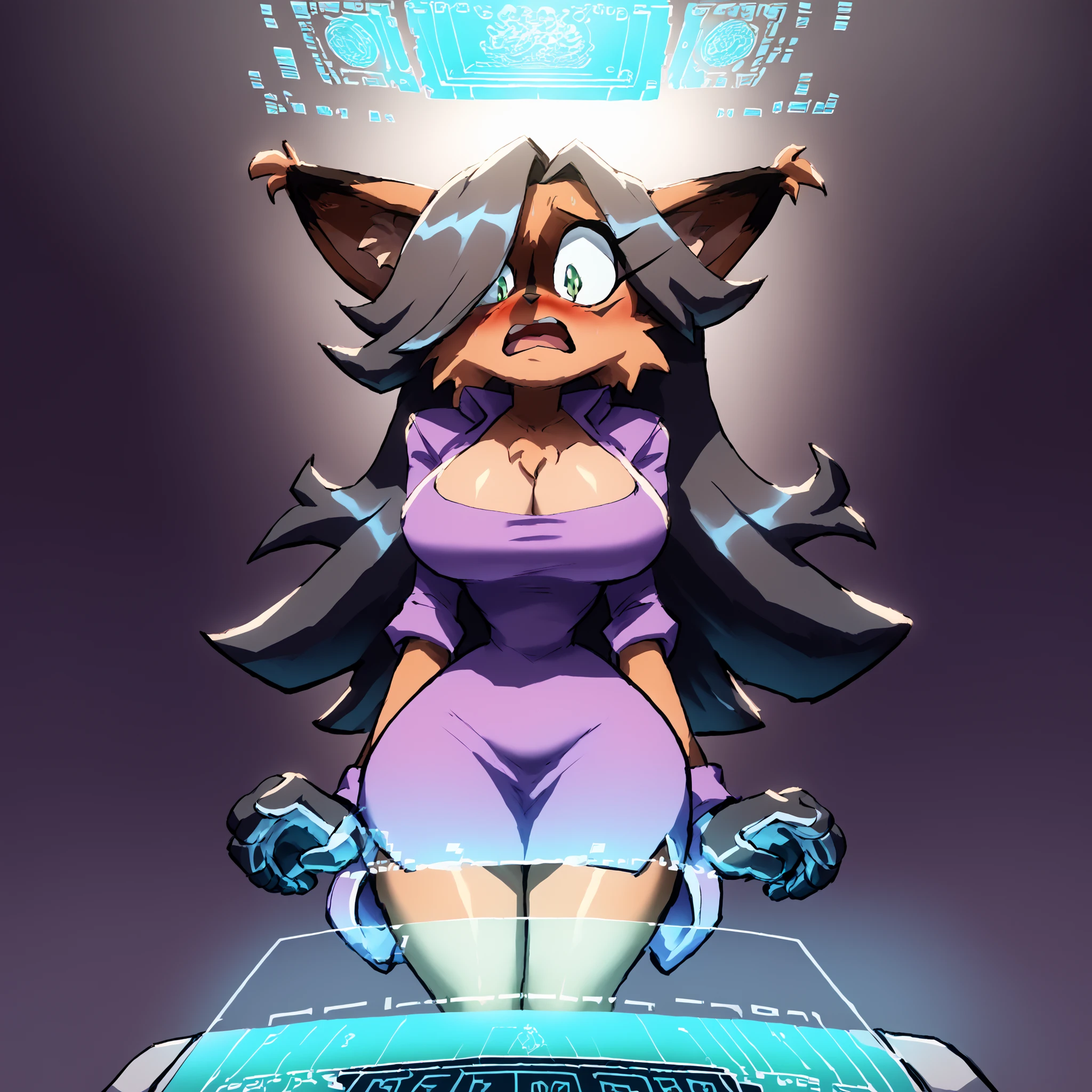 (Hair bangs over one eye), long black hair, ((long hair)), nicole the lynx, green eyes, black hair, brown fur, ((clothing forming holographically)), wide hips, narrow waist, large breasts, (purple jacket), pencil skirt, (pixels flying around), (((holographic pixels creating dress))), Mobian Lynx, 1girl, floating, (Lynx), bigdad/character, (Mobian), female, young adult, large breasts, solo, open mouth, shocked, embarrassed, bending forward, (looking down at chest), makeup, ((virtual reality laboratory)), holographic effects, (masterpiece), best quality, highres, 4k, 8k, Detailed Illustration, intricate detail, cinematic lighting, amazing quality, amazing shading, soft lighting,