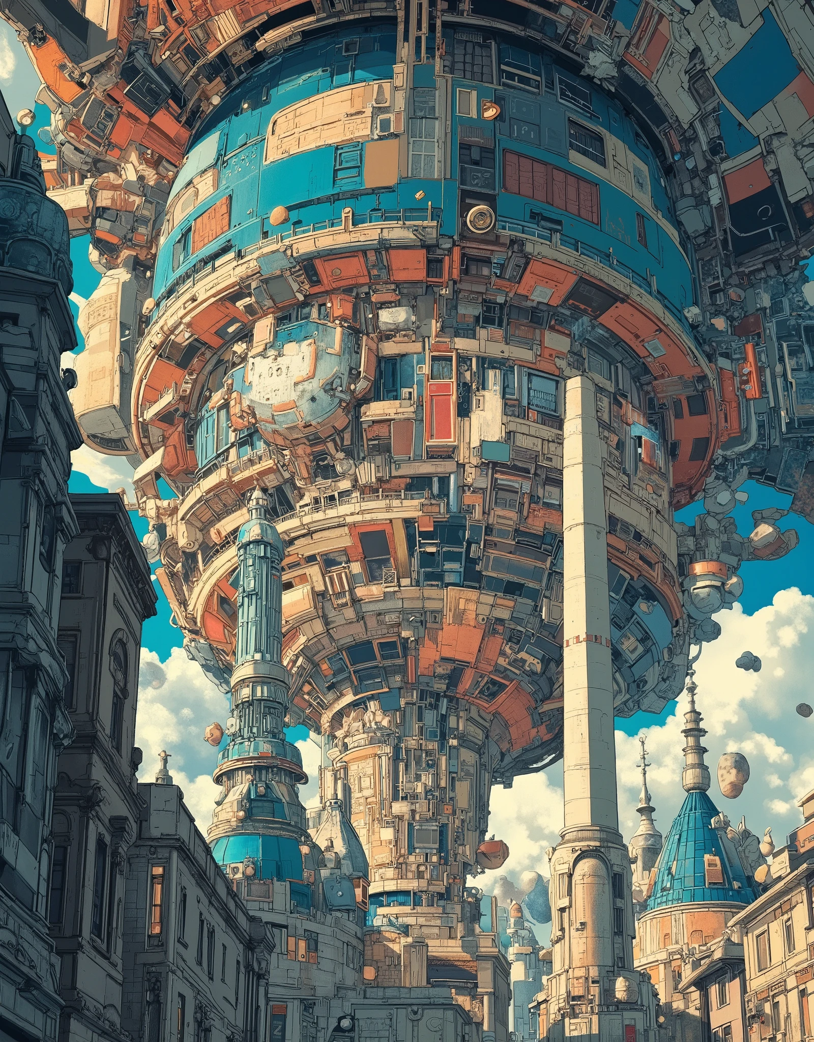 a huge very old ruins of ancient city with Ancient European Architecture is floating In Outer Space, advanced culture and civilization can be seen, many meteorites are drifting around, very beautiful Ancient Architecture landscape photo,very realistic image, beautiful Architecture, Panoramic view from high above