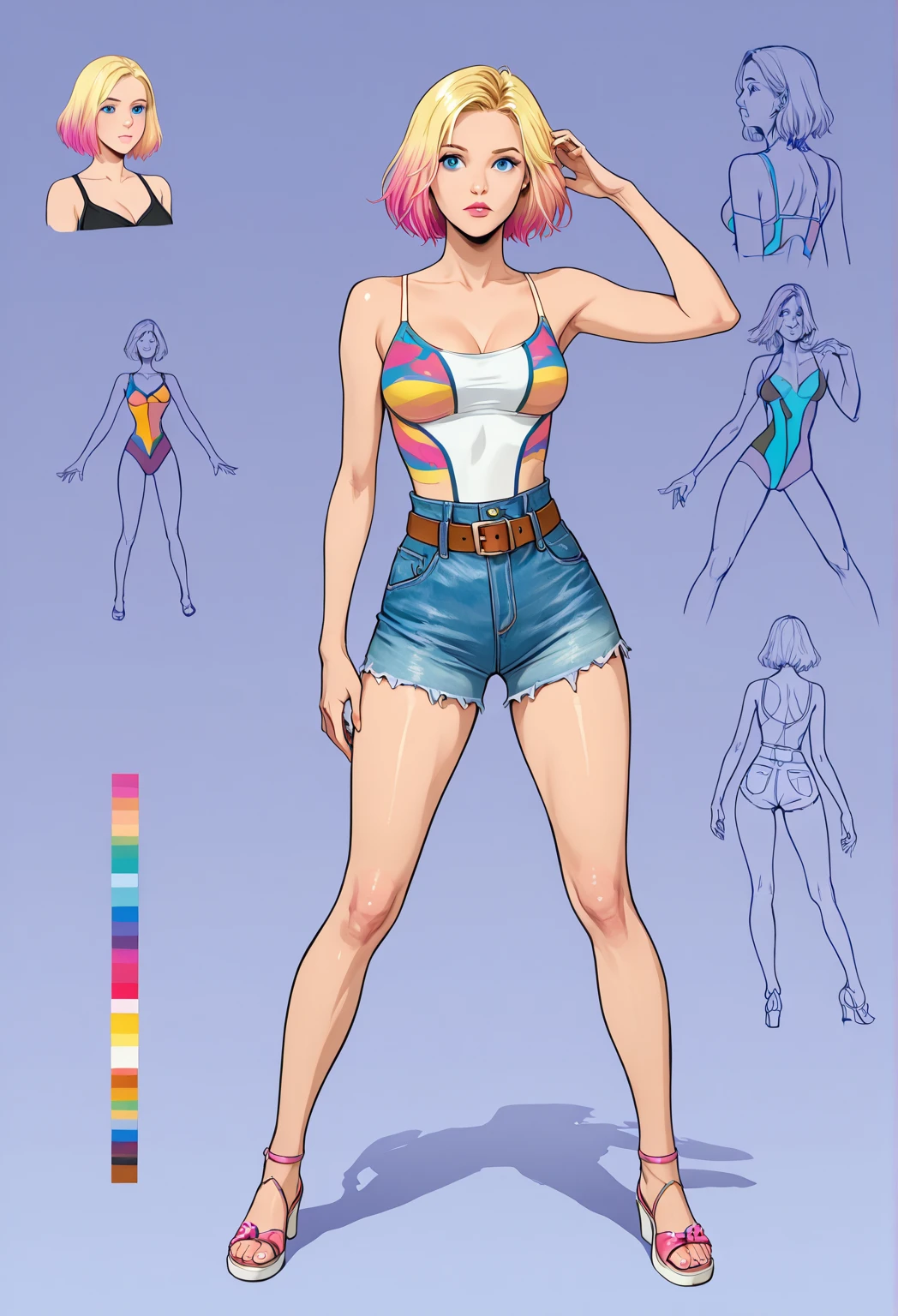 cartoon of a woman in a bikini top and shorts posing, Anya, Spy X Family, corpo inteiro!!, corpo inteiro!, !!retrato de corpo inteiro!!, corpo inteiro! injection, corpo inteiro;, Close-up de corpo inteiro, design de roupa clara, imagem de corpo inteiro, retrato de corpo inteiro de um curto!, de meninas da linha de frente, roupa feminina, meninas estilo linha de frente