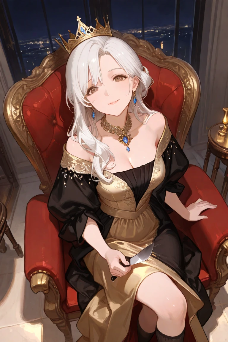 Irisviel,black sheer dress sleeveless and Decorated with golden color,solo,looking at viewer,beautiful smile,arm at side,middle size of breast,beautiful necklace,sitting in chair looking at you with smile,take off the top of a dress,legs out