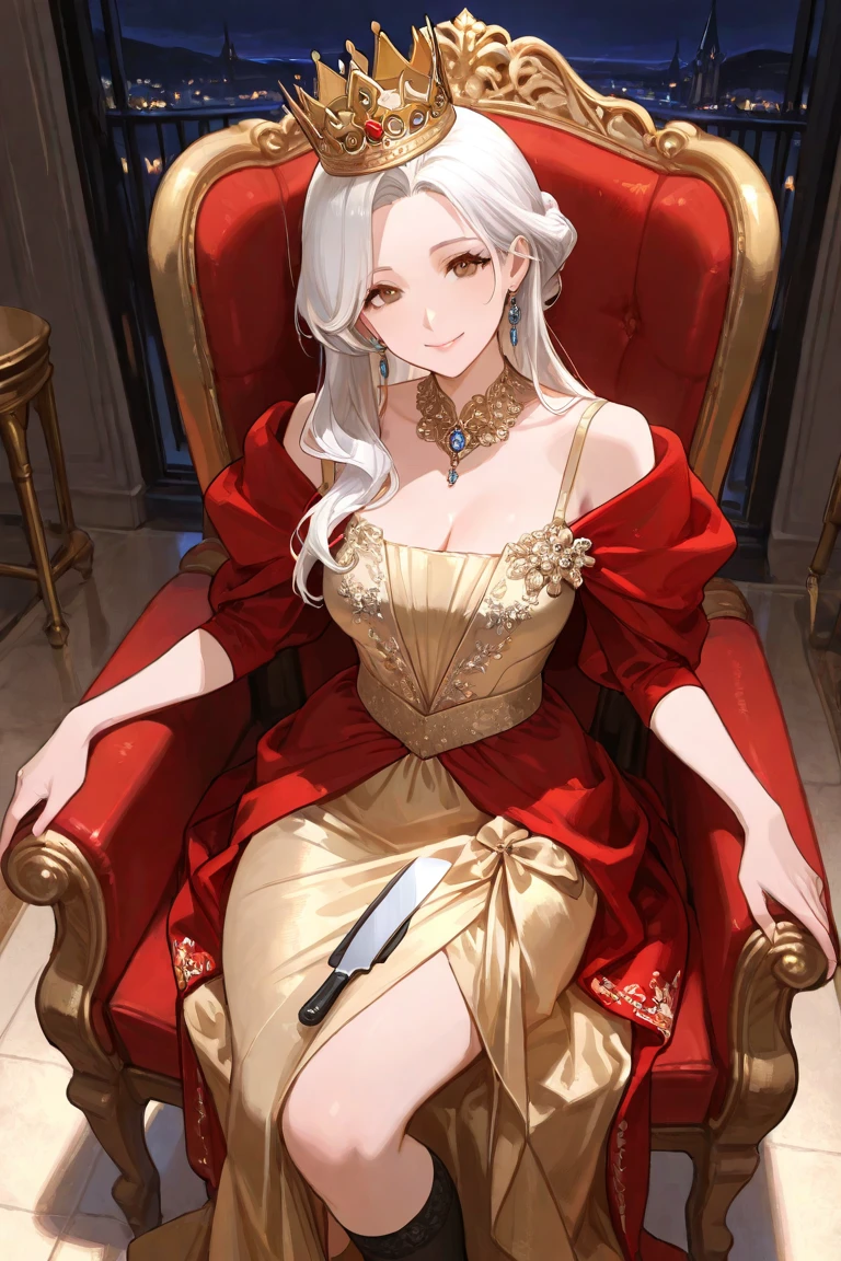 A woman wearing a sexy red dress with gold details, red heels, silver hair, silver eyes, big breasts, smiling in a pizzeria,HDR, very detailed, ultra resolution, masterpiece. 8k hd.
