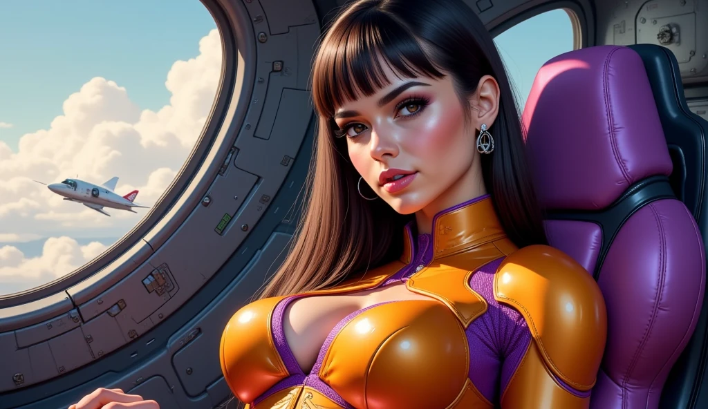 Best quality, 8K, woman retro super hero futurism, beautiful and detailed face, big eyelashes,LOOKING TO observer, ponytail,BLUE hair, long eyelashes, ORANGE leotard, cleavage, GOLD metalic details, light TAN pantyhose, sheer TAN gloves,sci-fi RETRO SPACESHIP scenario