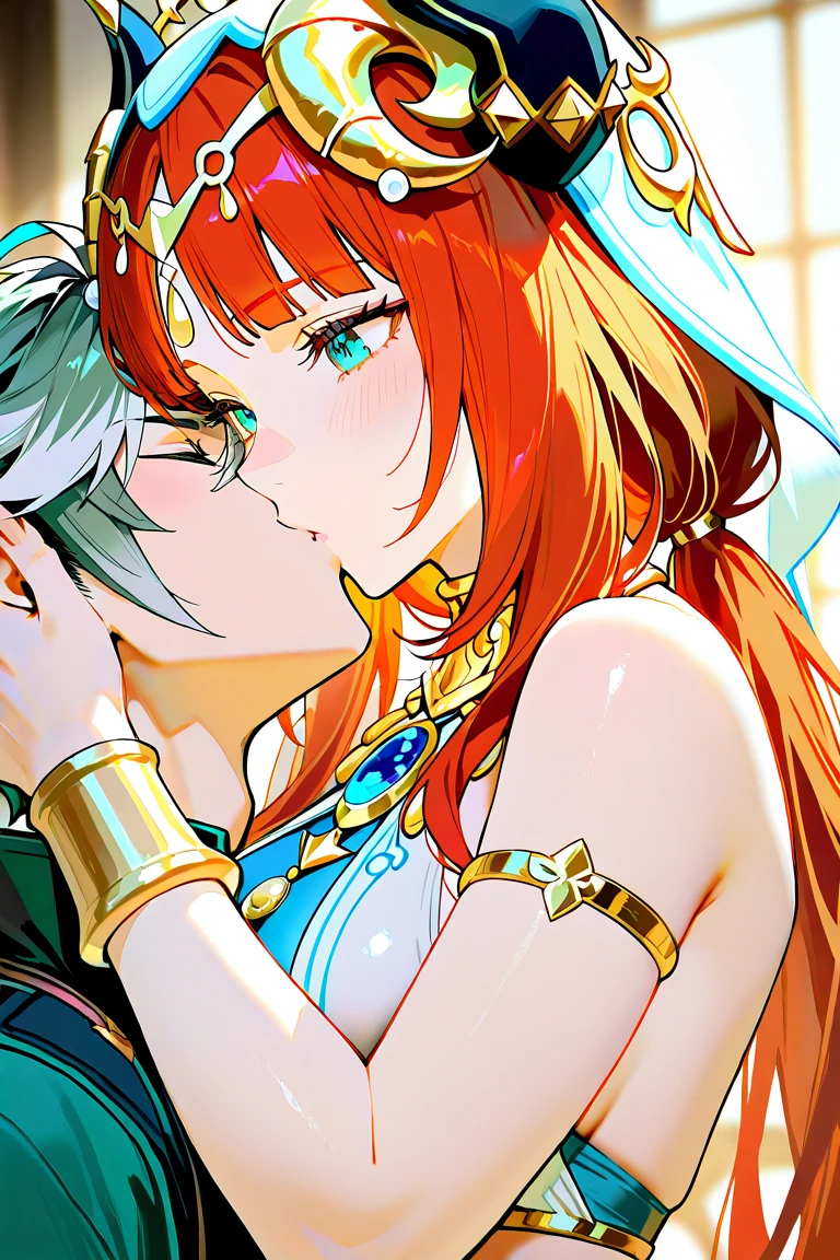 Masterpiece, sksrin, beautiful , facial details, 8k wallpaper, Rin Hoshizora Love Live, short orange hair, white see through dress, Egypt queen,tiara,in Egypt ,(lipstick:0.8), (makeup:0.8),Fascinated by her beauty, 1man, Egypt king,hug,kiss