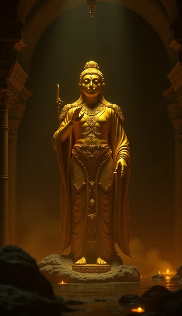 Highly detailed portrait of a huge golden Buddha with the halo of the sun god,golden colored,unreal-engine,The Art of Mark Leyden,global illumination,God Ray,detailed and complex environment,Elden ring style