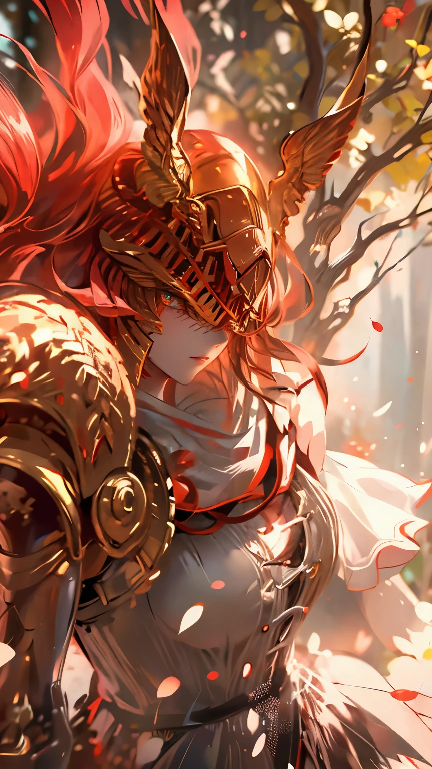  Character Malenia from the game Elder Ring leaping towards the viewer with a slashing attack from her sword, her blood-red hair fluttering in the middle of an action scene, her sword and armor relux, red particles hovering in the air and covering the ground, a large and beautiful tree in the background, natural lighting, ultra hd, masterpiece 