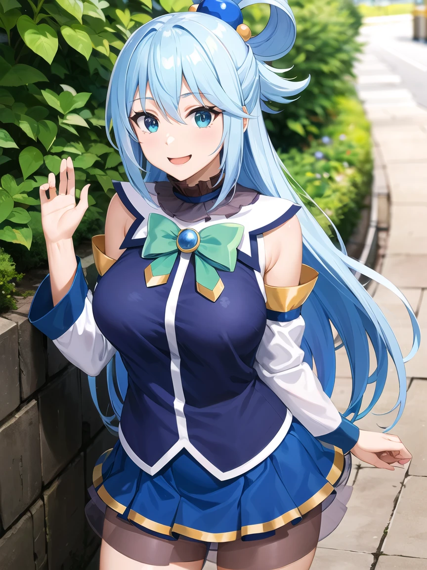 、anime screen cap、Anime coloring、1girl in, length hair, 独奏, blue hairs, blue eyess, open open mouth, Sleeve launched, plein air, skirt by the, thighs thighs thighs thighs,,Naughty big、Big breasts emphasis 、hair rings, Skysky, tag, hair adornments, clouds, the bow, blue open sky, a blue skirt, green bow, bare shoulders、A smile、(skirt rift:1.3),(white panties:1.3)