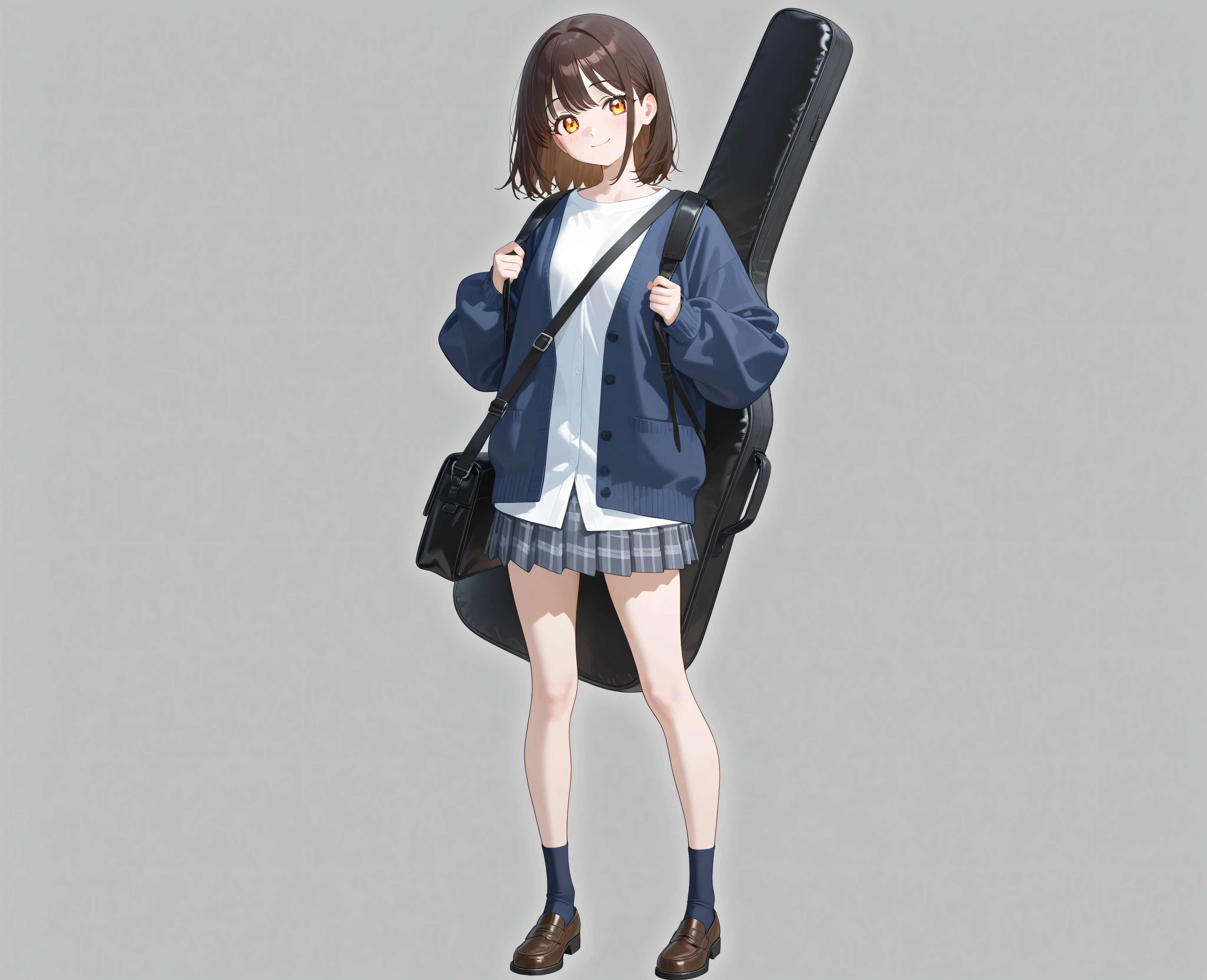 best quality, high quality, masterpiece, full body, whole body, front, standing pose, transparent background, anime art style, finely detailed beautiful eyes and detailed face, pixiv, mishoujo, short fluffy dark brown hair, amber eyes, wearing a navy blue cardigan over a white shirt, pleated skirt, shoulder bag strap across her chest, holding the strap with one hand, carrying a guitar case on her back, natural smile, soft lighting, clear lineart