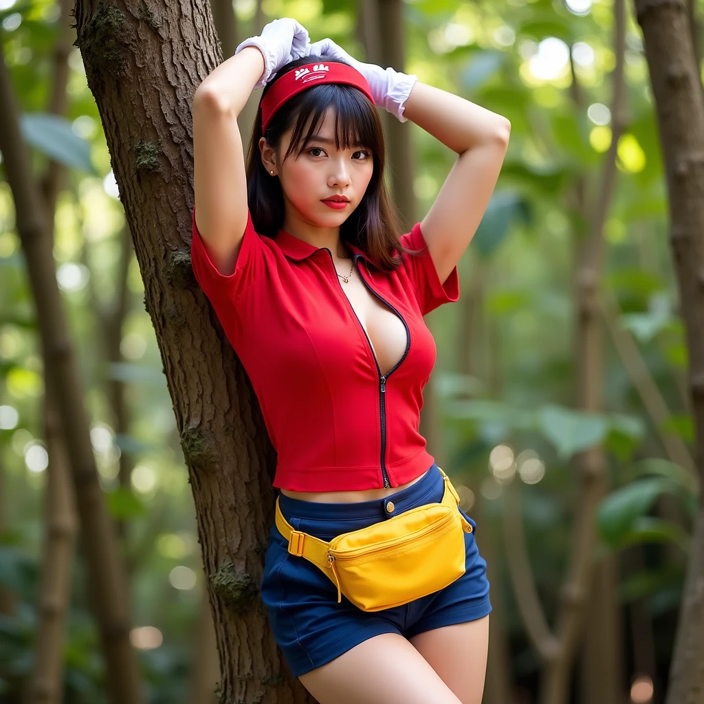 A determined cute woman pokemon trainer, tosses out her pokeball summoning a confused naked woman in pokemon boots and ears, crowded park in daytime. The trainer yells 'Milafachu! I choose you!' in a chat bubble