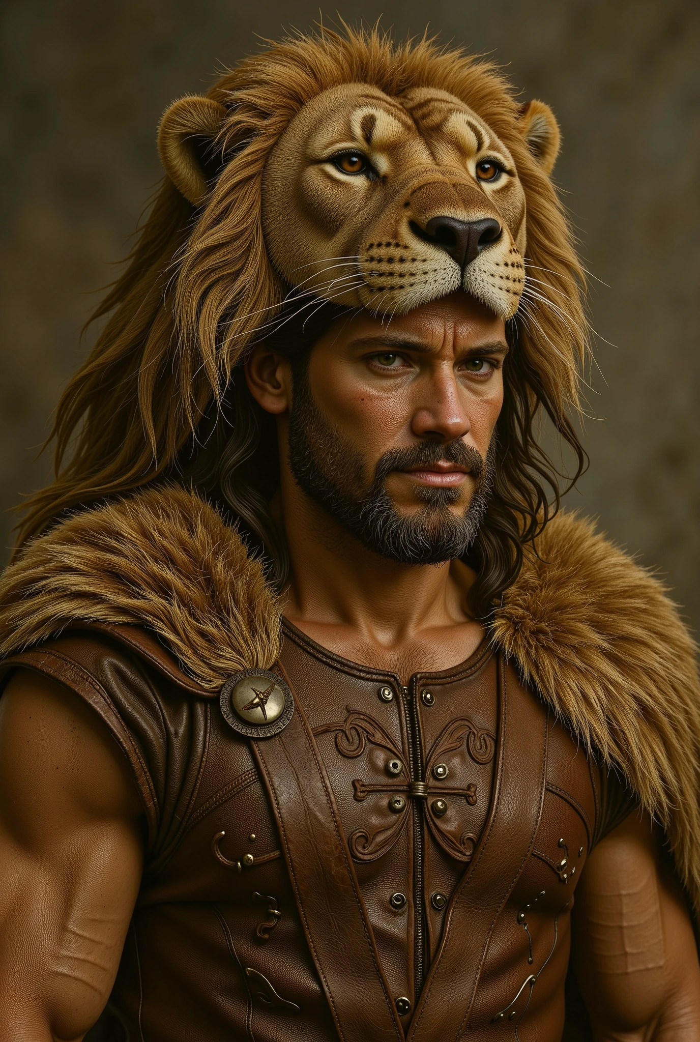 An ultra-realistic image of Hercules wearing a leather armor and a lion skin cloak, with brown beard and hair.