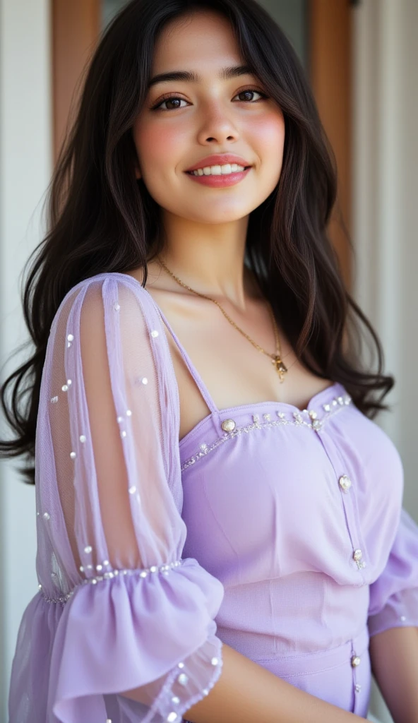 1girl in, age 45, Square face, Long hair, Looking at Viewer, jewelry, Realistic, A sexy, Lace Dress outfits, multicolored outfits, Rooftop background, free pose
