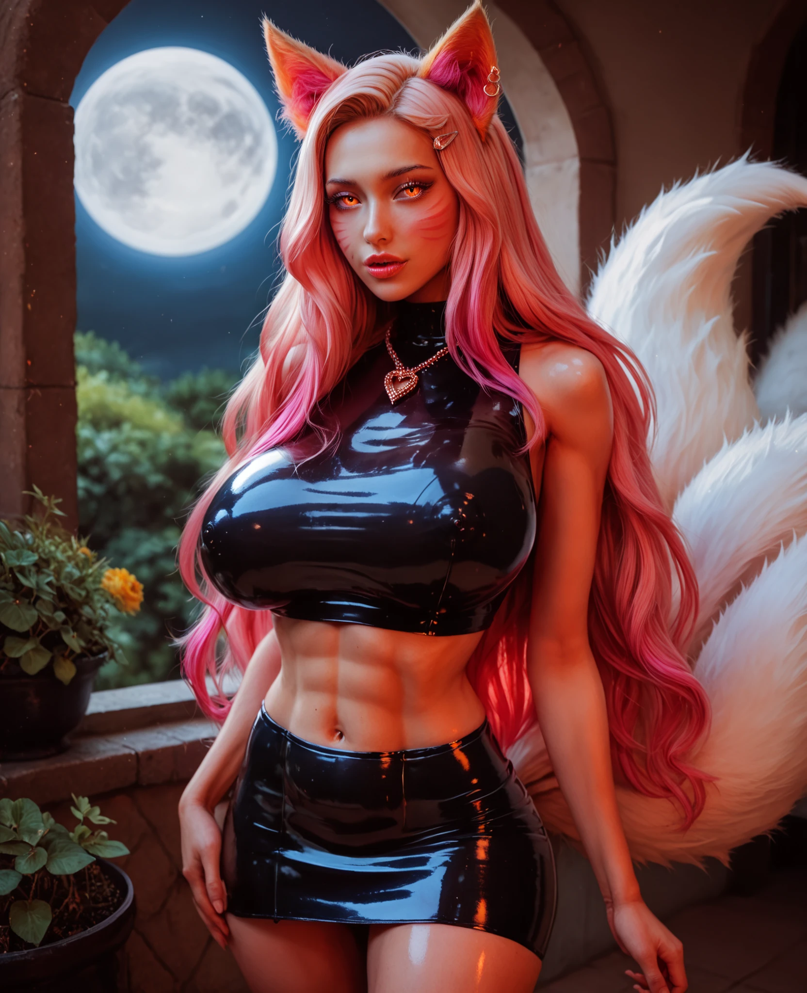 masterpiece, portret, 1 girl,solo, luxurious transparent mini dress, Ahri, perfect face, perfect anatomy, dress up, kitsine, extremely detailed, yellow eyes ,fox ears, more details, orange, много fox tails,pink hair, fox ears, bare niples, whisker markings, navel, lips, hairclip, gradient hair, long hair, multicolor hair, single, white long hair, looks at the viewer, large breasts , massive breasts, ear piercing, shiny skin,transparent latex clothes, transparent latex micro skirt,transparent latex crop top overhang, necklace ,fox ears, moon, garden sakura ,ночь, extreme detailed, 8k, hdr, портрет по колено, камера приближенна