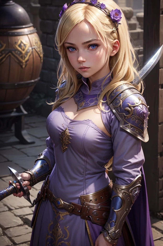 (best quality,4k,8k,highres,masterpiece:1.2),ultra-detailed,(realistic,photorealistic,photo-realistic:1.37),purple bikini armor,purple cape,gorgeous details,blonde,ice blue eyes,white skin,evil female executive,a bit more mature,illustration,studio lighting,vivid colors,sharp focus