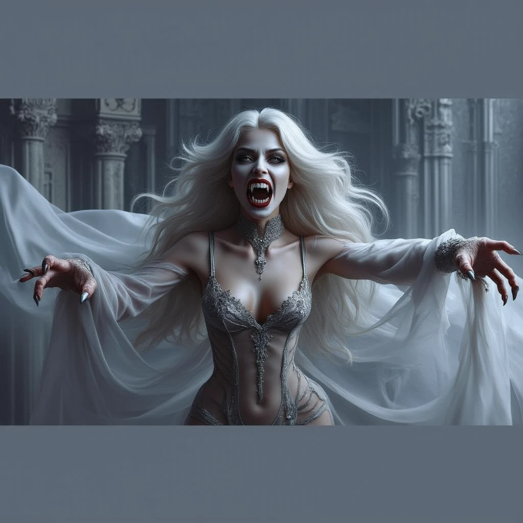 A woman with white hair and a black central strand of magenta and black clothing whose scream is deadly