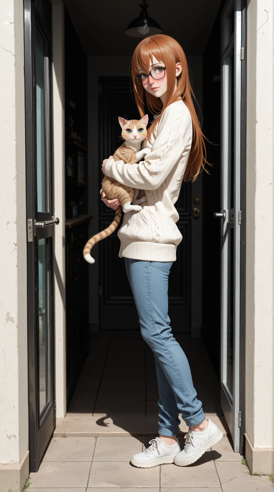 The most beautiful,thin,most pretty and clever Asian muslimah adult girl wears plains zebra print lycra turtleneck unitard catsuit.She always wear plains zebra print lycra dancewear stretchy square hijab.She stands and hugs a cute little cat.
