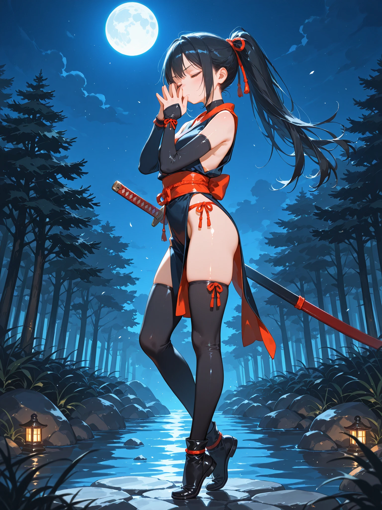 beautiful samurai girl, beautiful smile, shirt with buttons open, tiny panties, seen from behind, holding a katana in a samurai battle