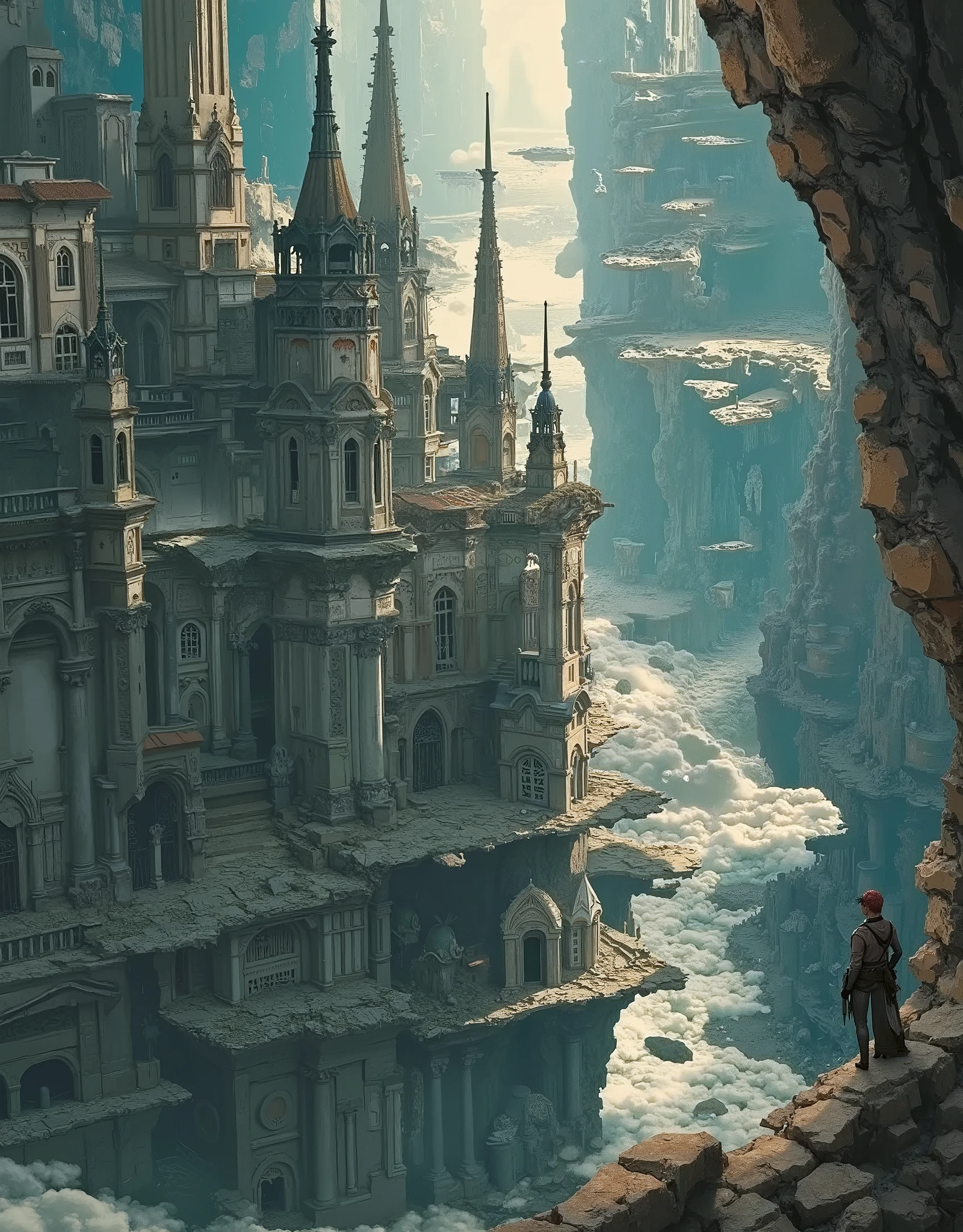 a huge very old ruins of ancient city with Ancient European Architecture is floating In Outer Space, advanced culture and civilization can be seen, many meteorites are drifting around, very beautiful Ancient Architecture landscape photo,very realistic image, beautiful Architecture, Panoramic view from high above