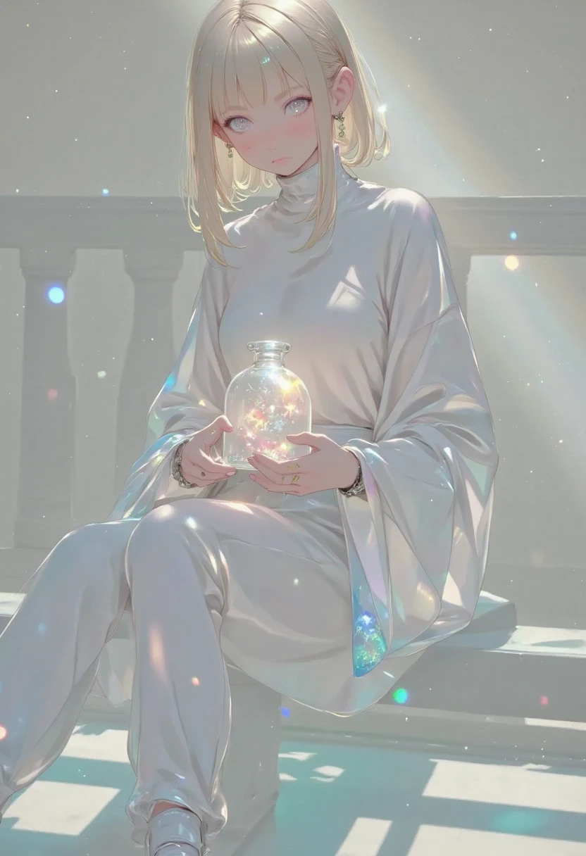 anime girl, fantasy sci-fi fusion, soft glowing particles floating around, girl with glowing jar full of light orbs, teal and aqua accents, short ash blonde hair, explorer’s cloak, gentle smile, seated on ruined balcony at twilight, light wind effects in hair, glowing tattoos on hands, dreamy and delicate, extremely detailed, ambient lighting, masterpiece,global illumination, indirect lighting, soft color, anime,bokeh, depth of field, blurry background, blurry foreground, cinematic lighting, volumetric lighting, glow particles, backlit, halation, under light, glow outline, iridescent room,
