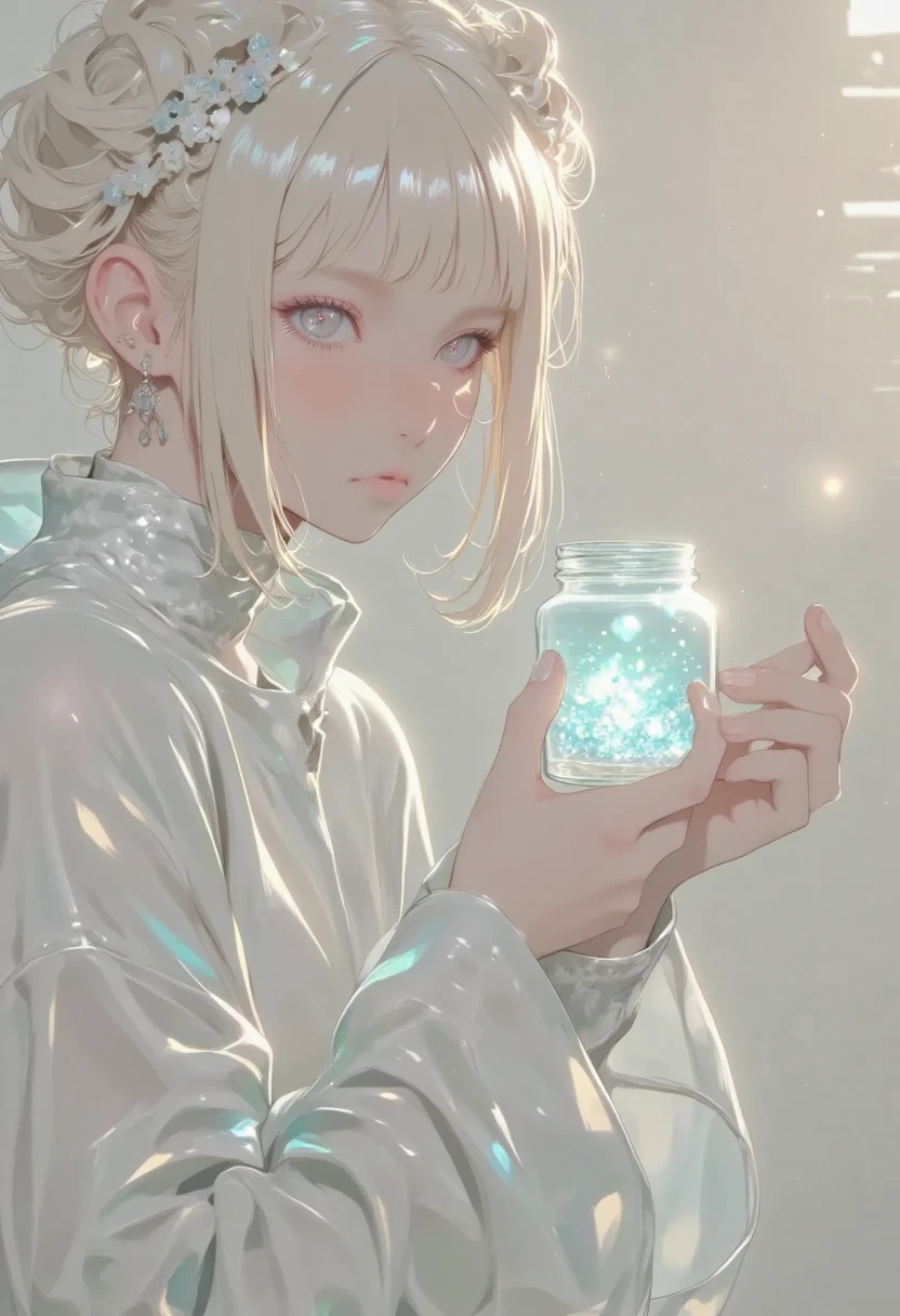 anime girl, fantasy sci-fi fusion, soft glowing particles floating around, girl with glowing jar full of light orbs, teal and aqua accents, short ash blonde hair, explorer’s cloak, gentle smile, seated on ruined balcony at twilight, light wind effects in hair, glowing tattoos on hands, dreamy and delicate, extremely detailed, ambient lighting, masterpiece,global illumination, indirect lighting, soft color, anime,bokeh, depth of field, blurry background, blurry foreground, cinematic lighting, volumetric lighting, glow particles, backlit, halation, under light, glow outline, iridescent room,
