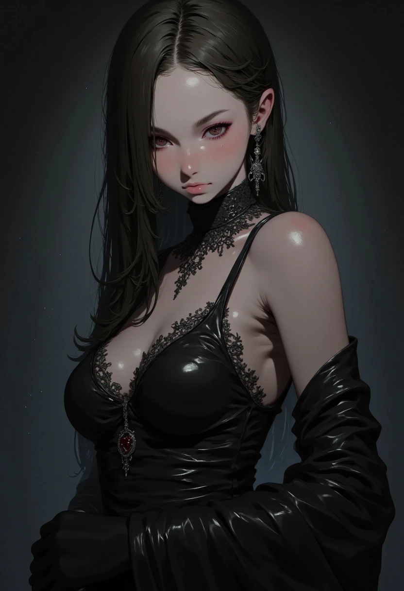 1girl, villainess, seductive smile, gothic dress, dramatic lighting, blood red eyes, long flowing hair, dark velvet background, confident pose, elegant gloves, ornate jewelry, chiaroscuro effect, aristocratic atmosphere, looking at viewer, mysterious aura, masterpiece, niji, lens lare, backlit, shiny background,