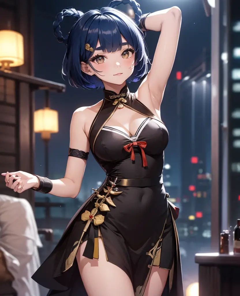 (Xiangling), 1girl, wearing a stylish black colour party frock, at a night party, (dark blue colour short hair),(Xiangling's hair style) 8k, high detailed, high quality