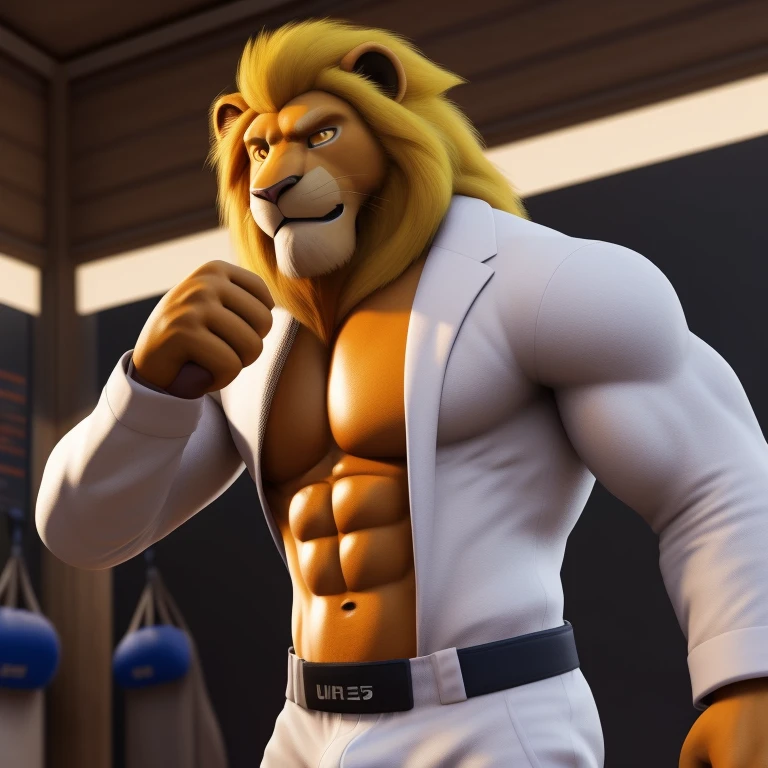 a Lion in a boxing ring, furry chest, furry body, fluffy chest, muscular, boxing gloves, SFW, Sexybody, anthropomorphic, extra detailed body, detailed body, Best quality, masterpiece, ultra high res,detailed background,realistic, real shadow and light,depth of field, (looking at the viewer), details skin, fluffy, big package, angry face, bad boy, sweaty, Lion, huge crotch, brief.