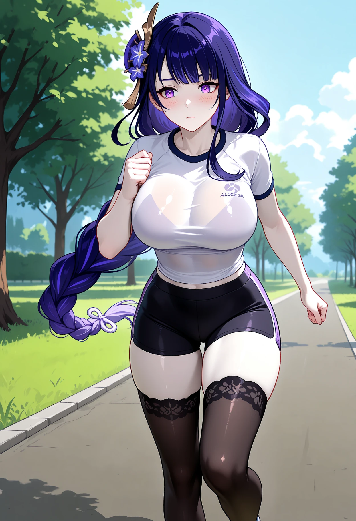 masterpiece, best quality, extremely detail 8k cg, high resolution, 1girl, yuugao, solo, purple hair, long hair, sidelocks, ponytail, brown eyes, perfect eyes, choker, outfit-gls, sweater, high-waist skirt, high heels, perfect ass, huge breasts, forhead protector, outdoors, garden, standing, beautiful face, wide shot photo, full body, from behind