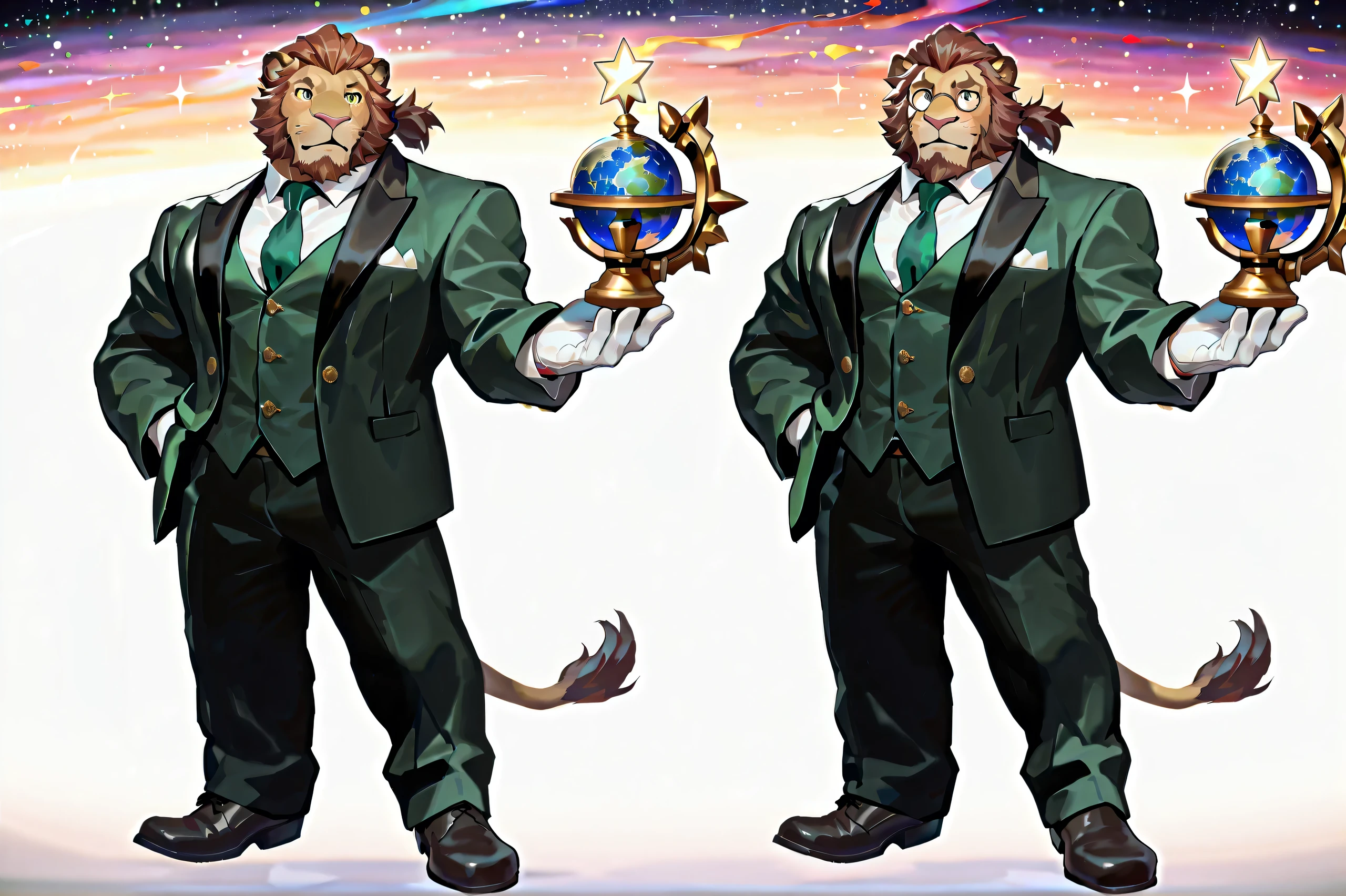 Cornelius, Horthgar, lion head, no markings, no mane, no defects, brown ponytail hairstyle, handsome, distinguished, gentleman, wears tiny perfect round glasses, green butler outfit、white gloves, perfect goatee, casting limit break 3、looking comfortable、More attractive、perfect hands, perfect eyes, focus on face, Detailed Full Body , Majestic , Detailed Full Body 非常に詳細な体, Body Details, sexy、Capture images that look more appealing 、High Quality、top quality、detailed background、 Detailed Full Body 非常に詳細な体, Body Details,handsome, matureした, sexy, floating effortlessly, holding astrologian globe weapon, dazzling galaxies, planets and stars, sparkling outer space stars background, many colors in harmony.